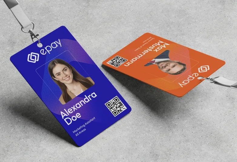 Two lanyard badges in epay blue and orange