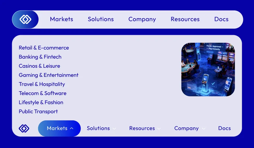 Navigation bar and the open Markets menu with eight industries