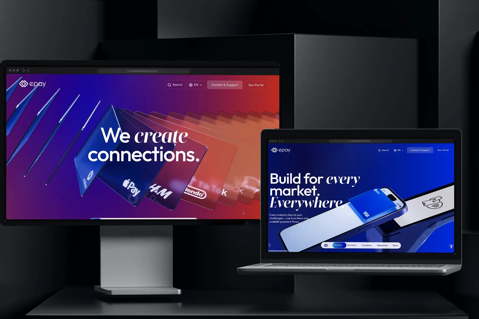 Desktop screen and laptop: the epay platform scrolling through home, industries, channels, solutions and company pages