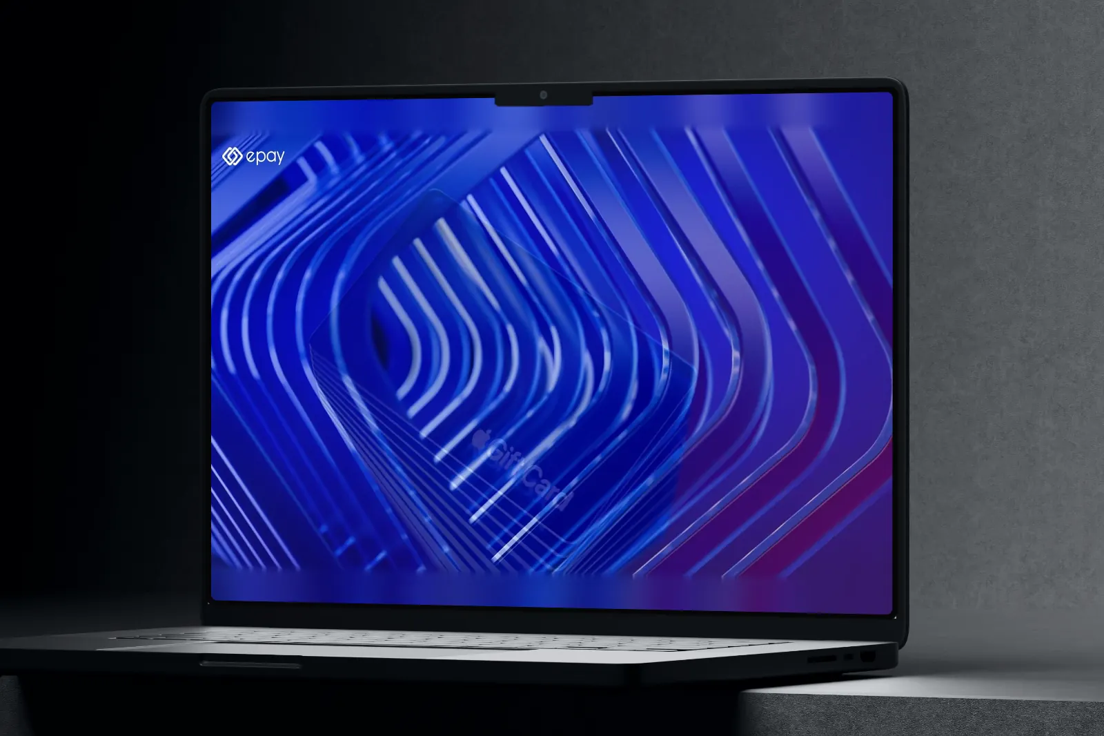 Laptop on a stone step playing epay’s 3D image film: glass rings that become the mark, a blank hang-tag card, rows of cards, a phone, the mark resolving into the epay logo