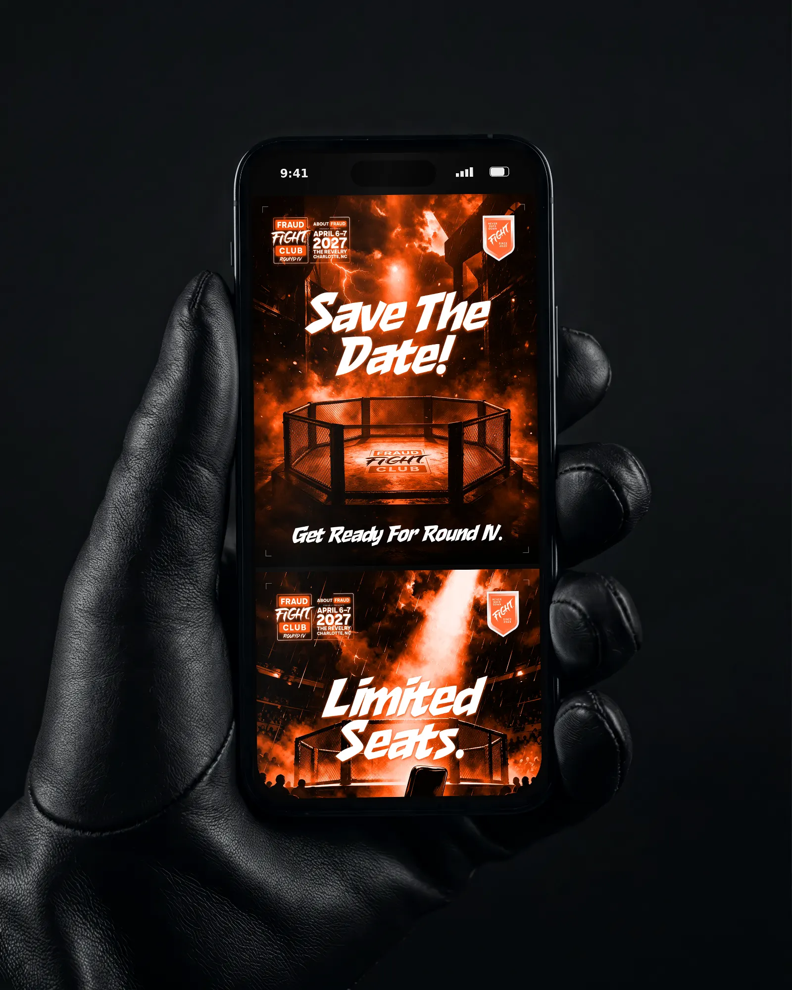Phone in a leather glove showing “Save The Date!”