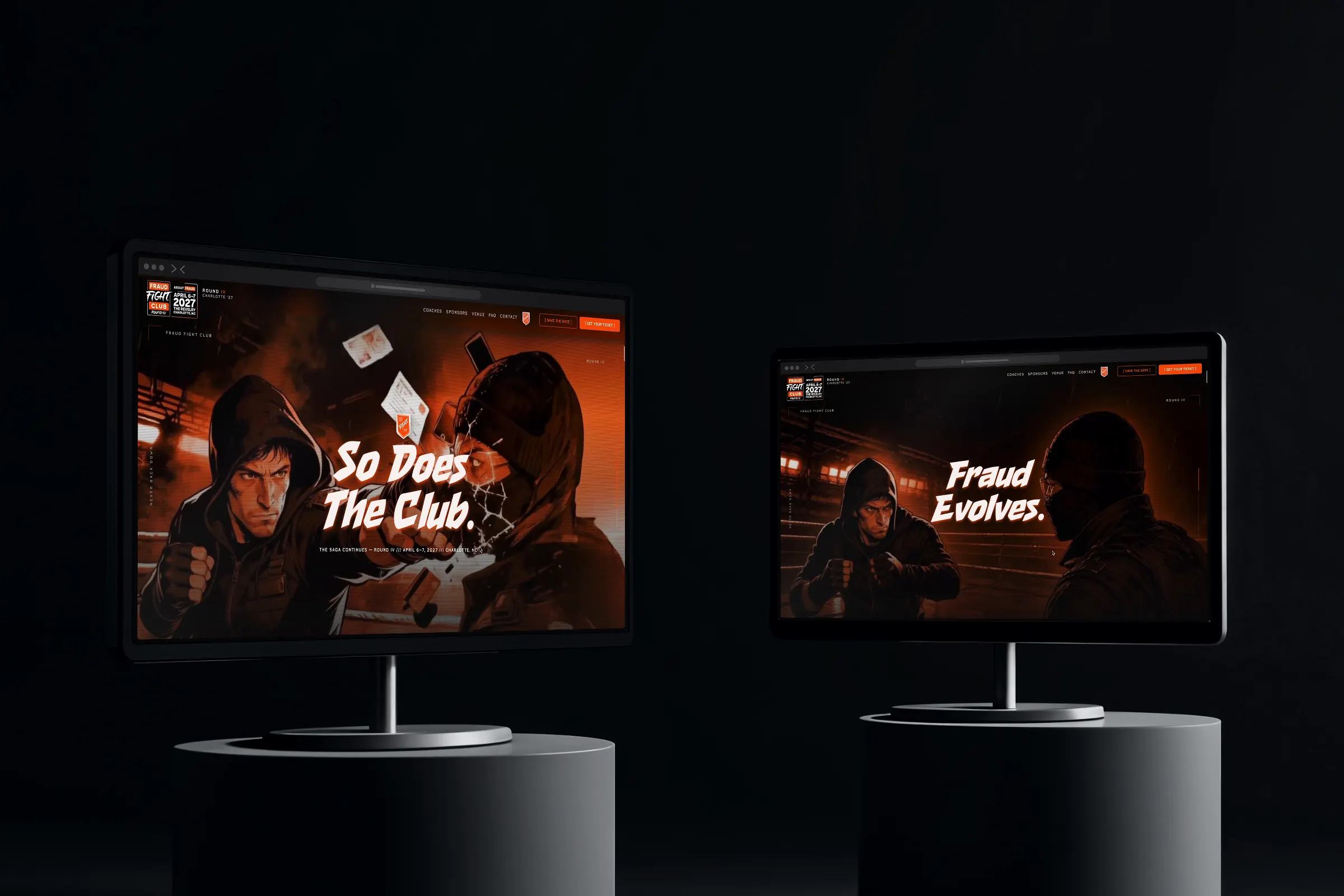 Two monitors on plinths showing “So Does The Club.” and “Fraud Evolves.”