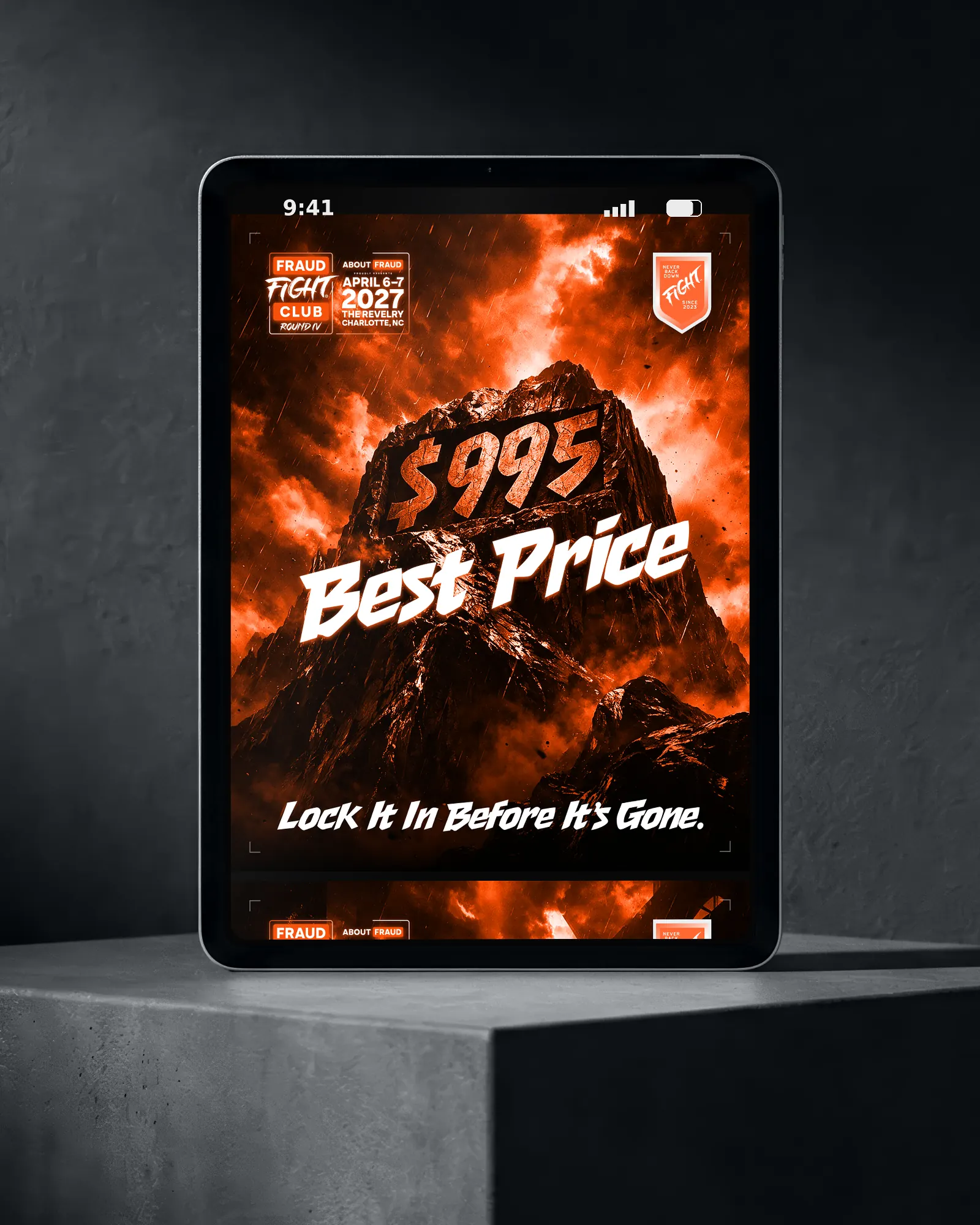 Tablet on a concrete block showing “Best Price”