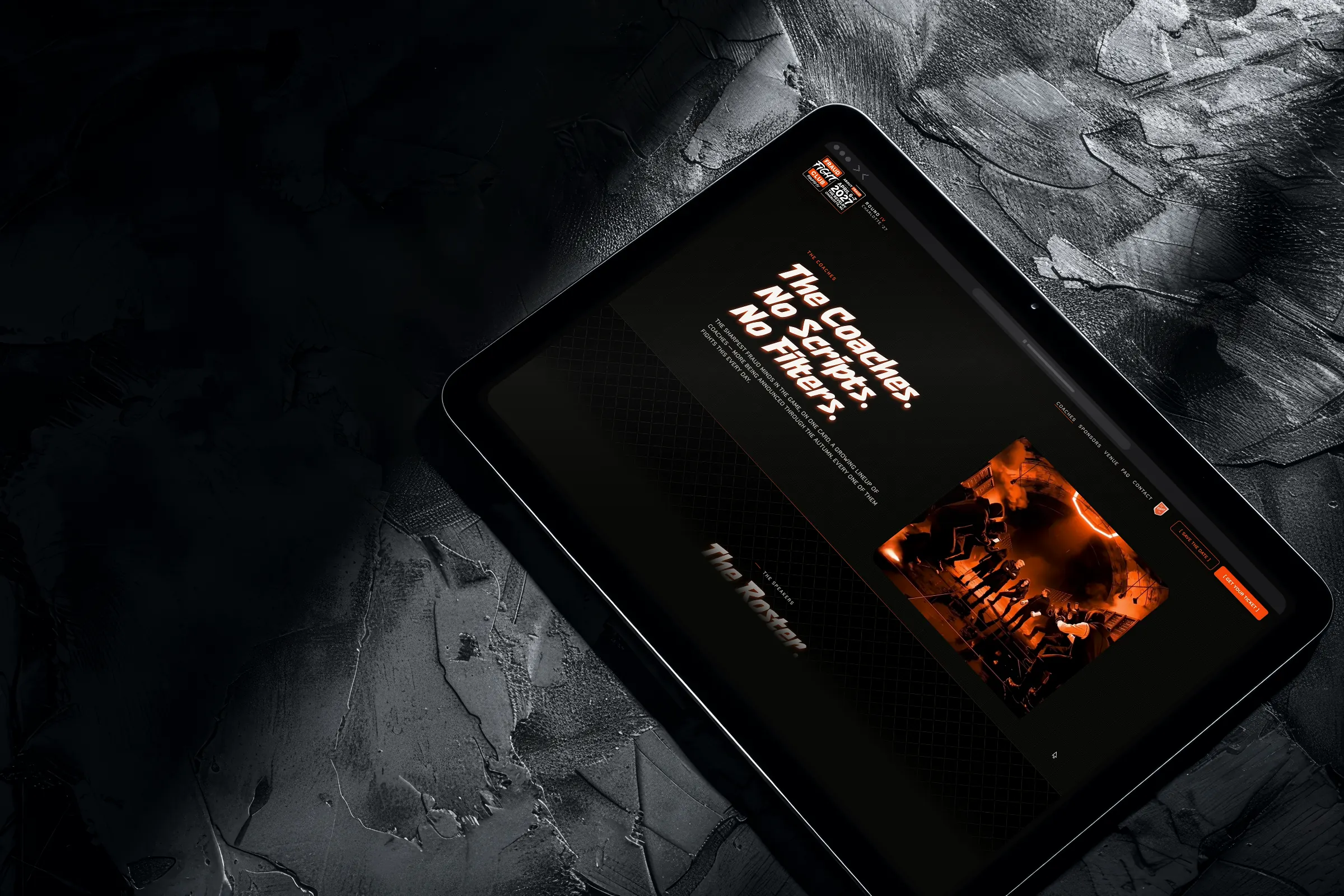 Tablet on dark stone showing “The Coaches. No Scripts. No Filters.”