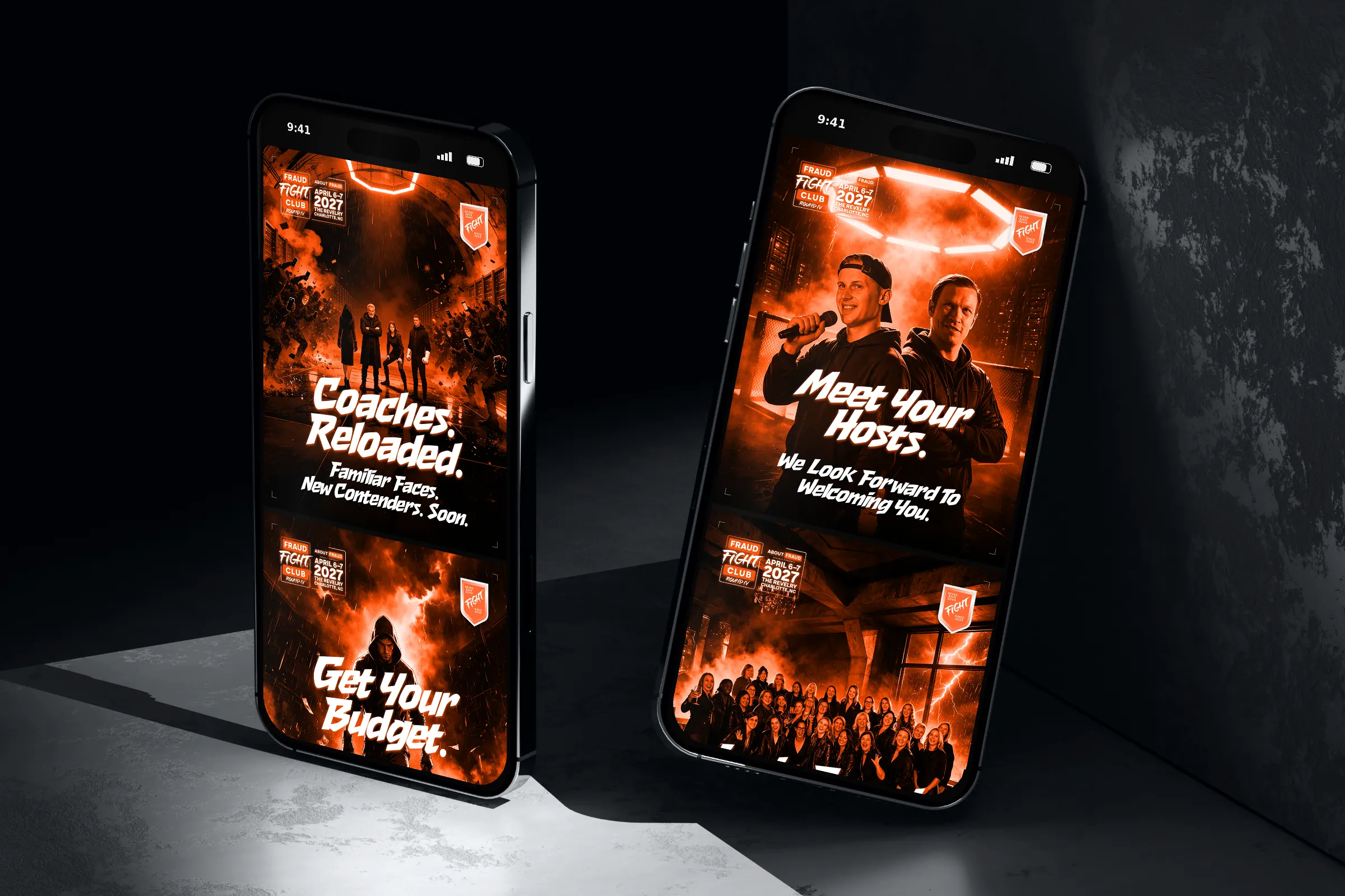 Two phones against a wall showing “Coaches. Reloaded.” and “Meet Your Hosts.”