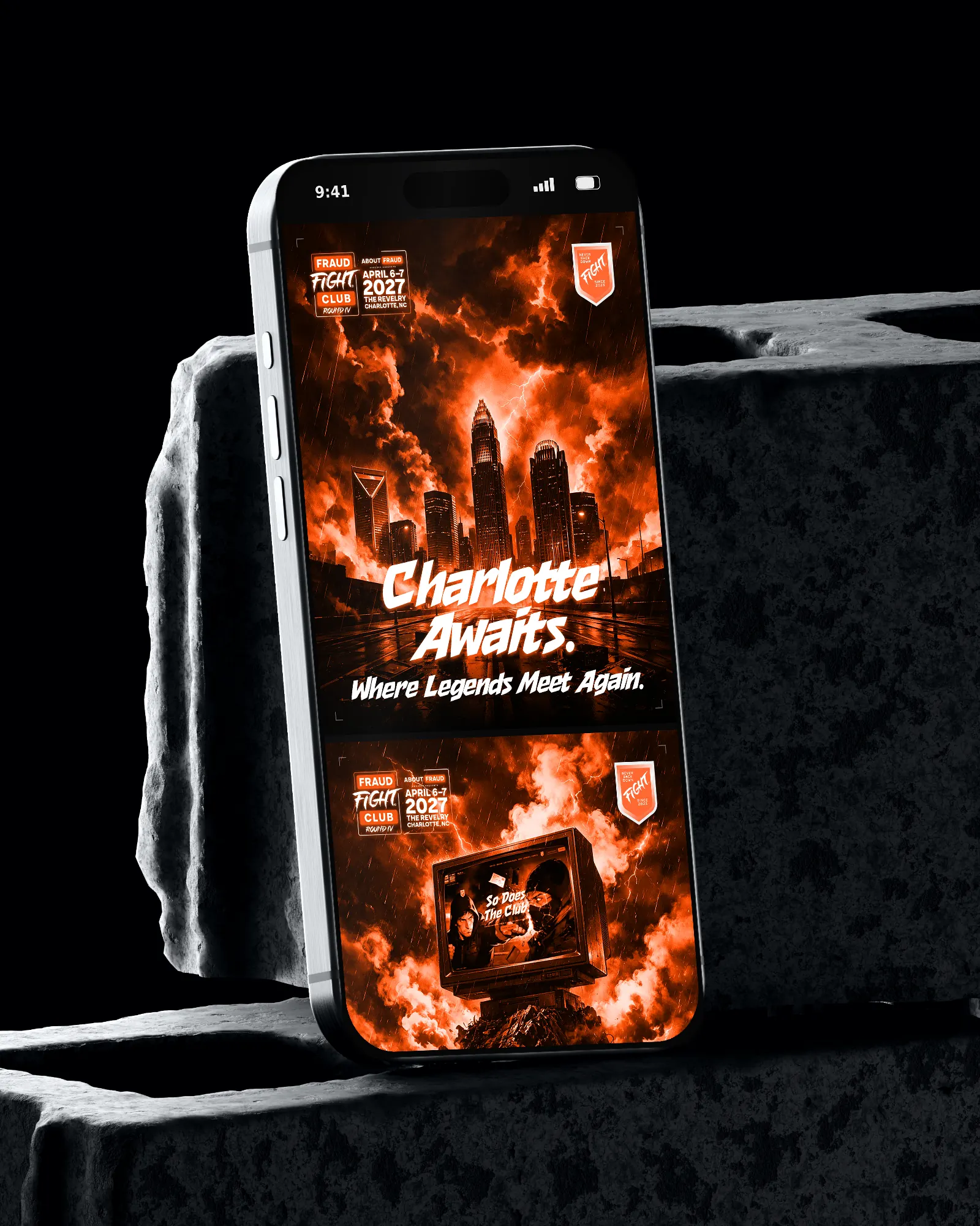 Phone on a stone block showing “Charlotte Awaits.”