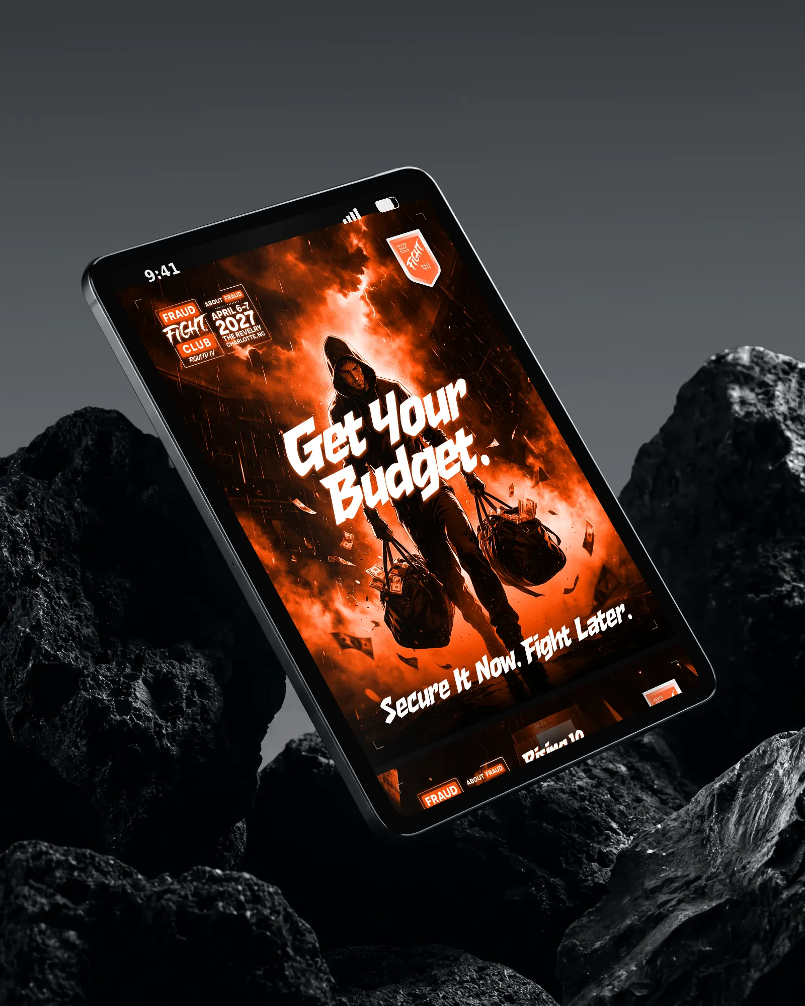 Tablet between dark rocks showing “Get Your Budget.”