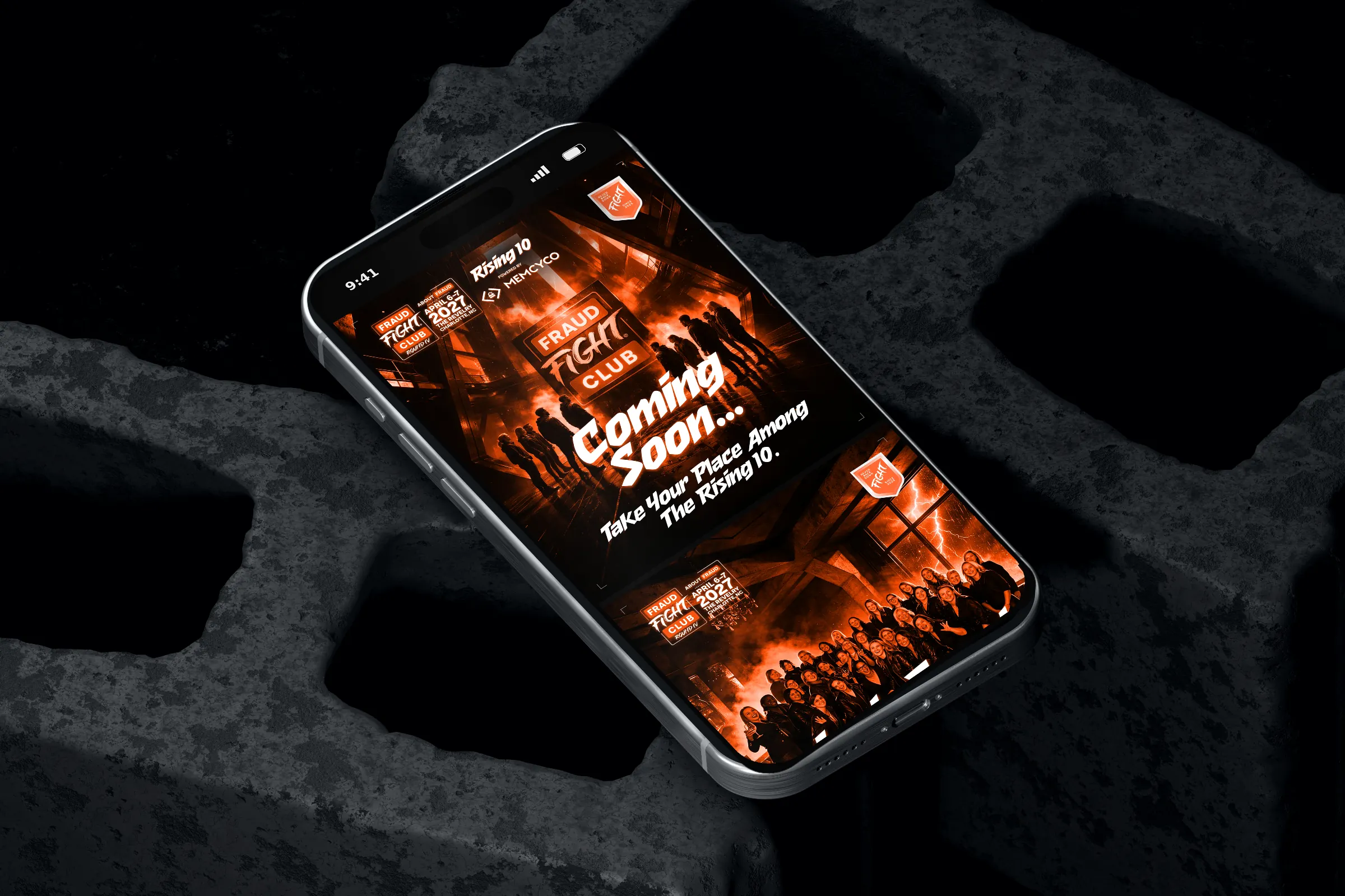 Phone lying on a concrete block showing “Rising 10. Coming Soon…”