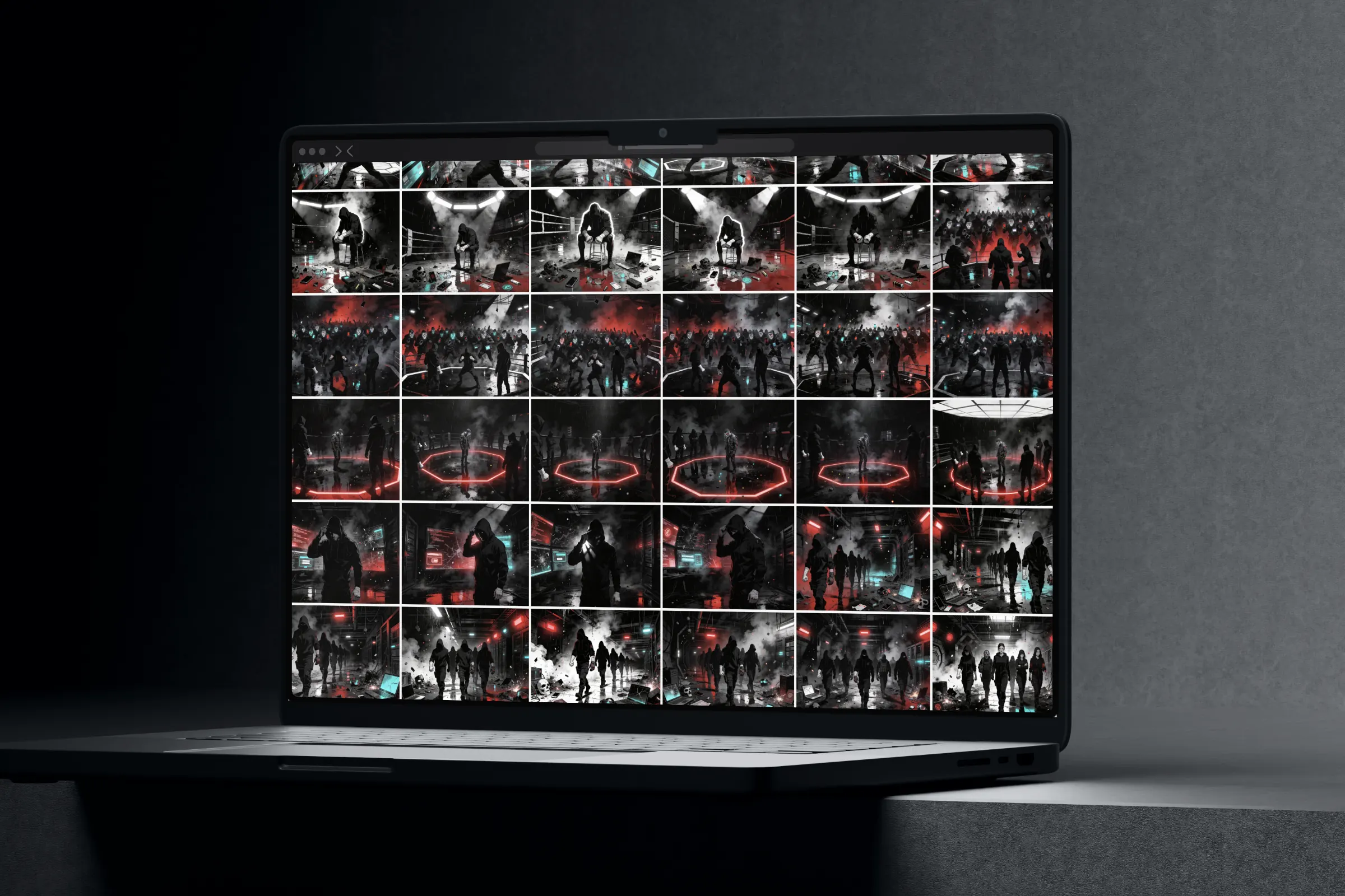 Laptop on a box showing the image library in black, white and red