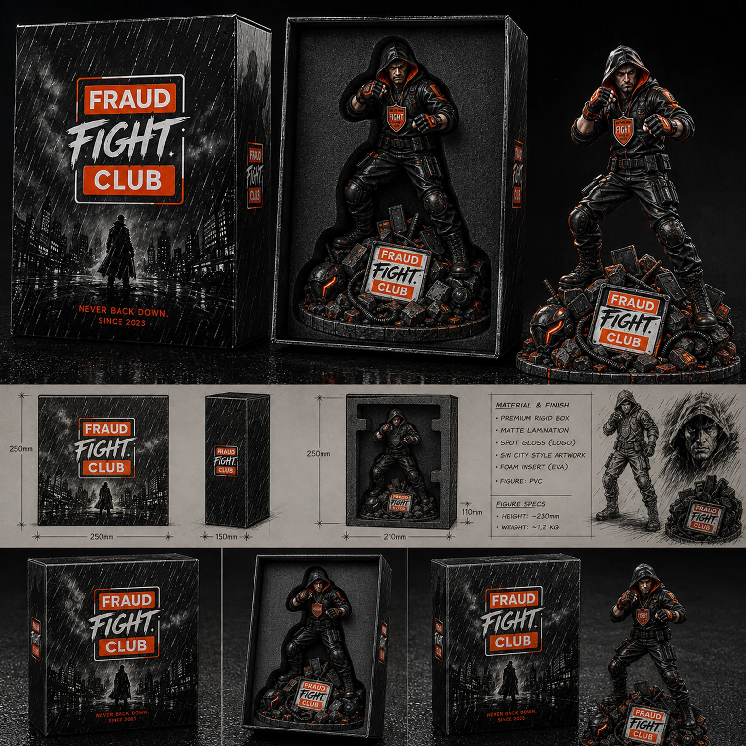 Product sheet of the collectible figure: the black box with a rainy city and the Fraud Fight Club logo, the hooded fighter in its foam insert and on its own, dimensions, materials and pencil sketches