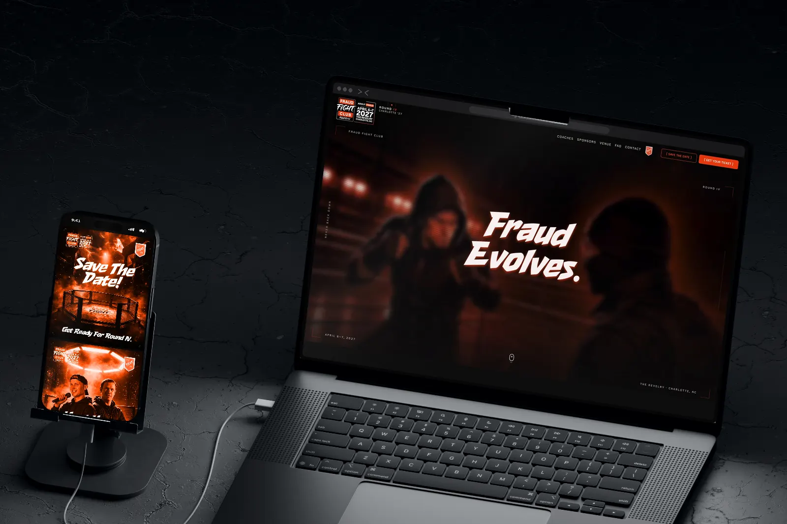 Laptop and phone on a stand: the Fraud Fight Club website scrolling from “Fraud Evolves.” to the contact page, the phone showing the posts