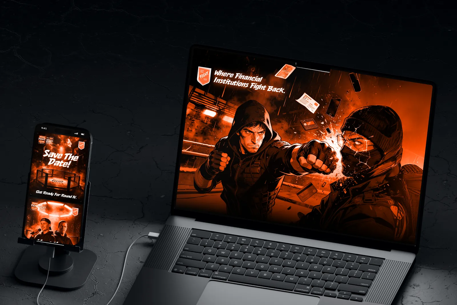 Laptop and phone on a stand: the Fraud Fight Club key visual, a hooded fighter landing a punch on a masked fraudster, “Where Financial Institutions Fight Back.”