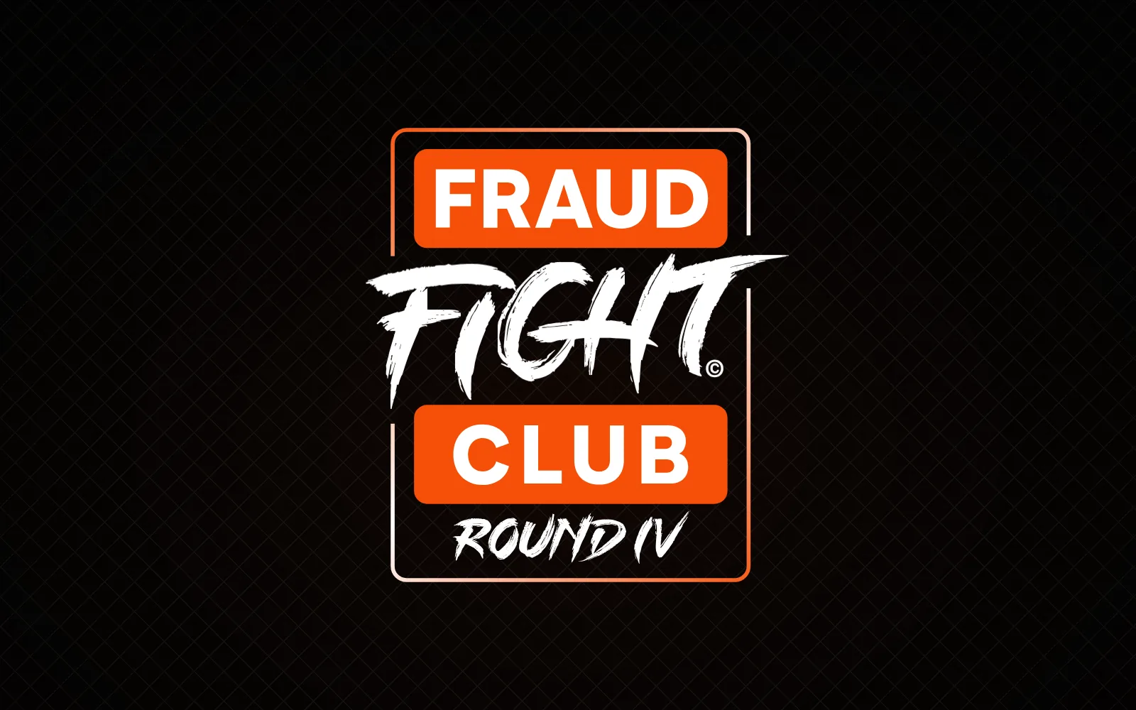 The Fraud Fight Club Round IV logo building itself in fire orange and white on the club’s chain-link pattern