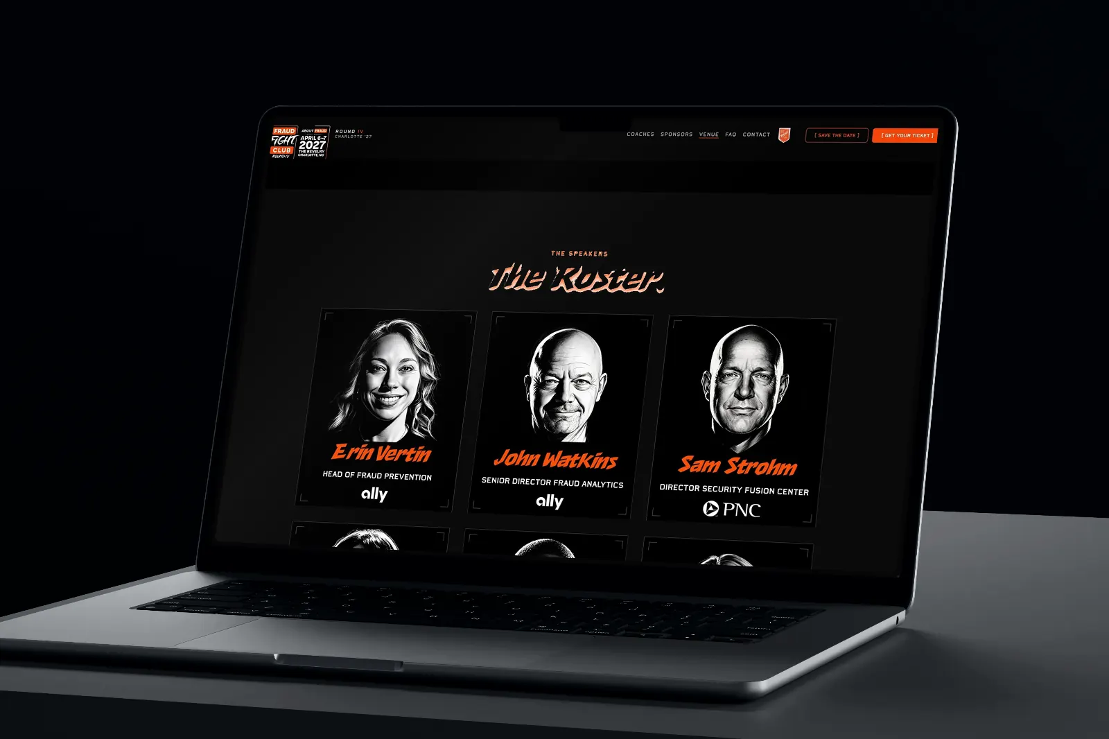 Laptop showing the speakers’ roster scrolling: portraits drawn in black and white, names in fire orange