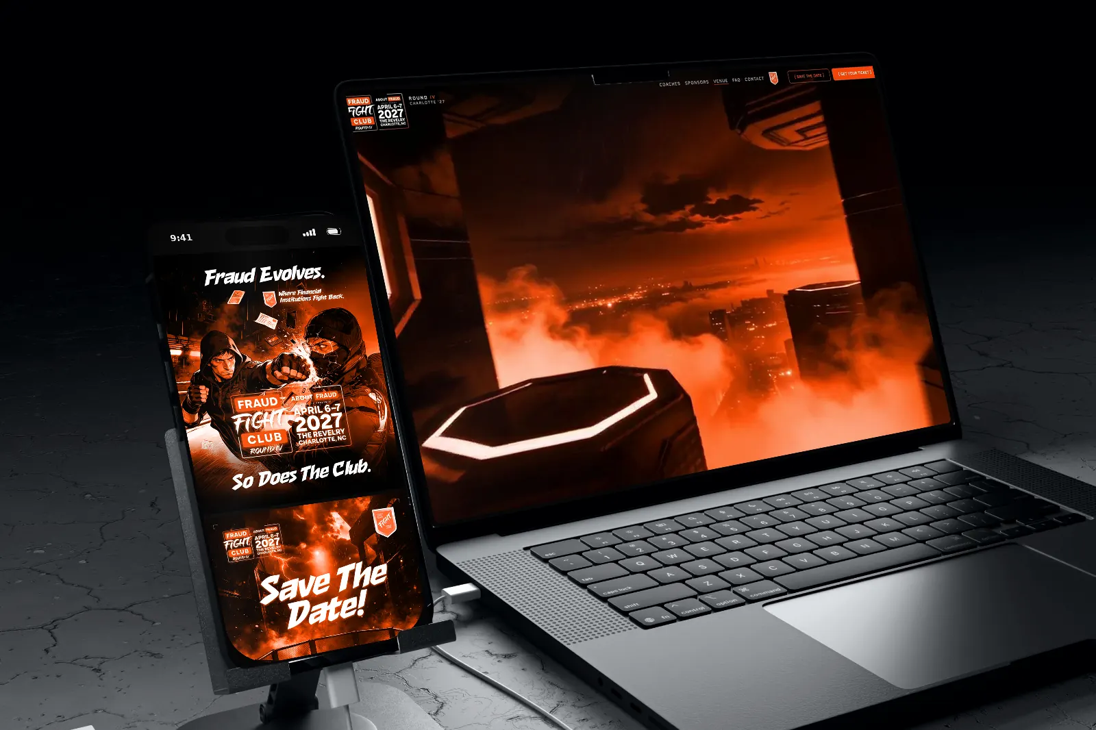 Laptop and phone on a stand: the Fraud Fight Club site in motion, from Charlotte’s skyline to the arena and the cage, then the flight to The Revelry; the Round IV starter post “Fraud Evolves.” on the phone