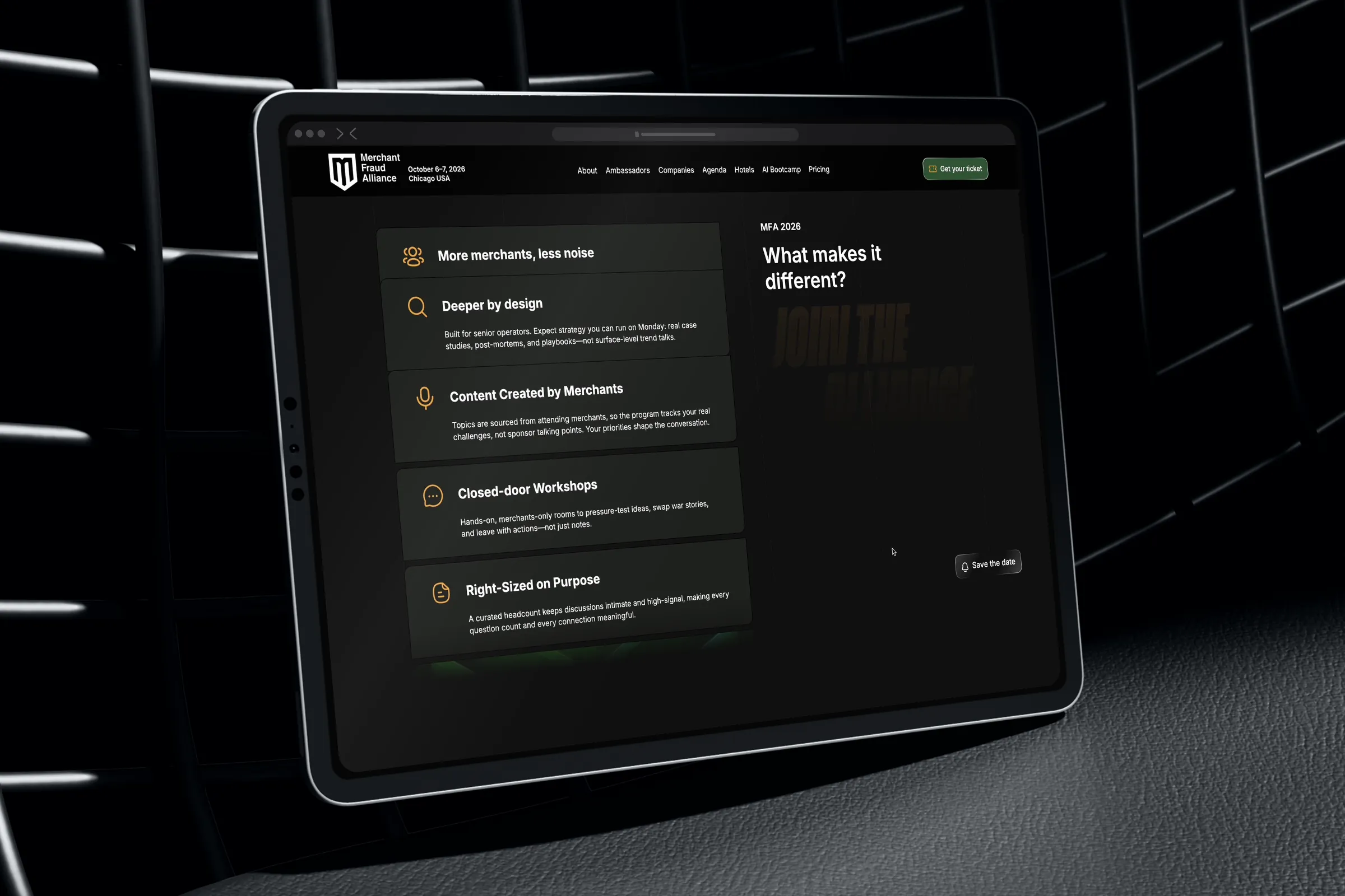 Tablet with keyboard on a dark plinth showing “What makes it different?”