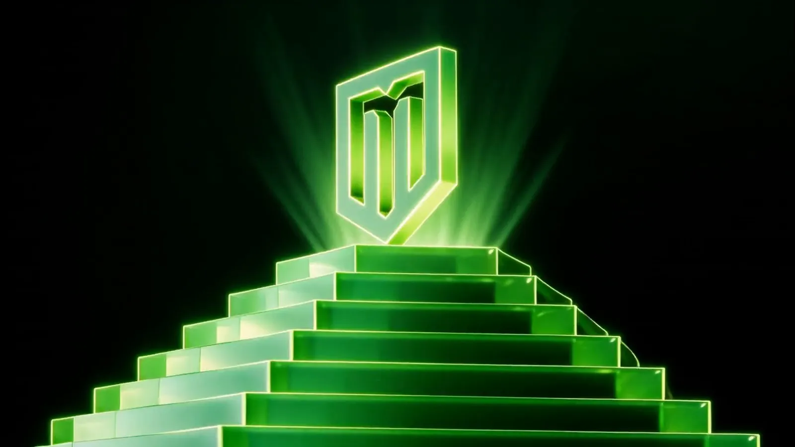 The Main Stage opener: the green shield on glass steps, a flight over Chicago at night to Willis Tower, people walking into the Join the Alliance entrance, the ambassadors, the shield over the skyline and “Welcome to the Merchant Fraud Alliance.”