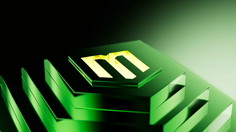 The M as a lit block on stacked green layers