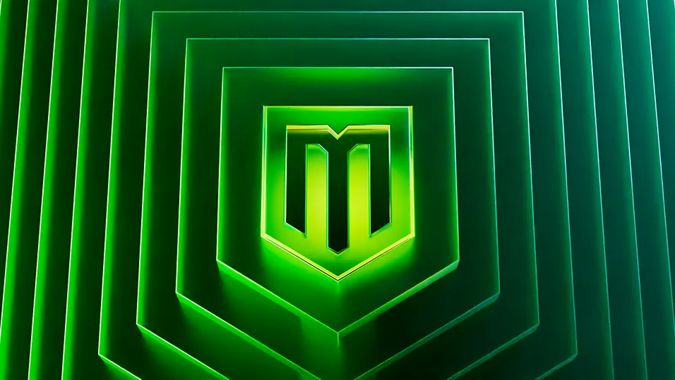 The green shield with the M inside nested glass frames