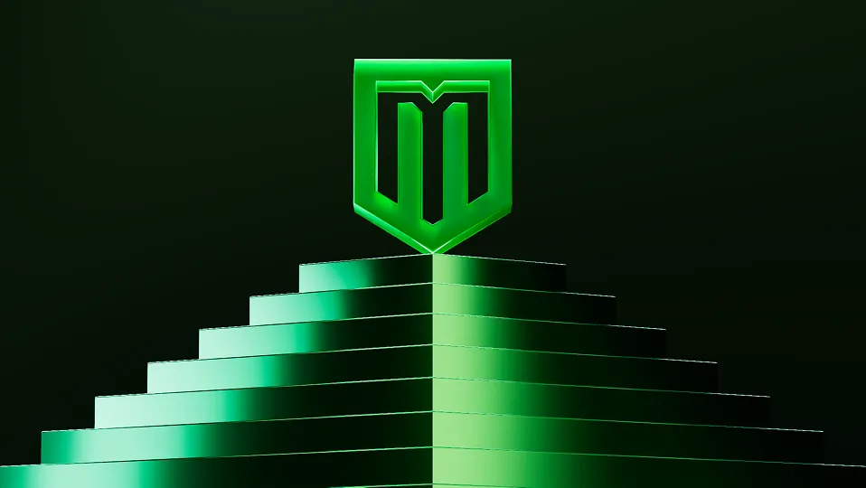The shield on top of green steps, lit from behind