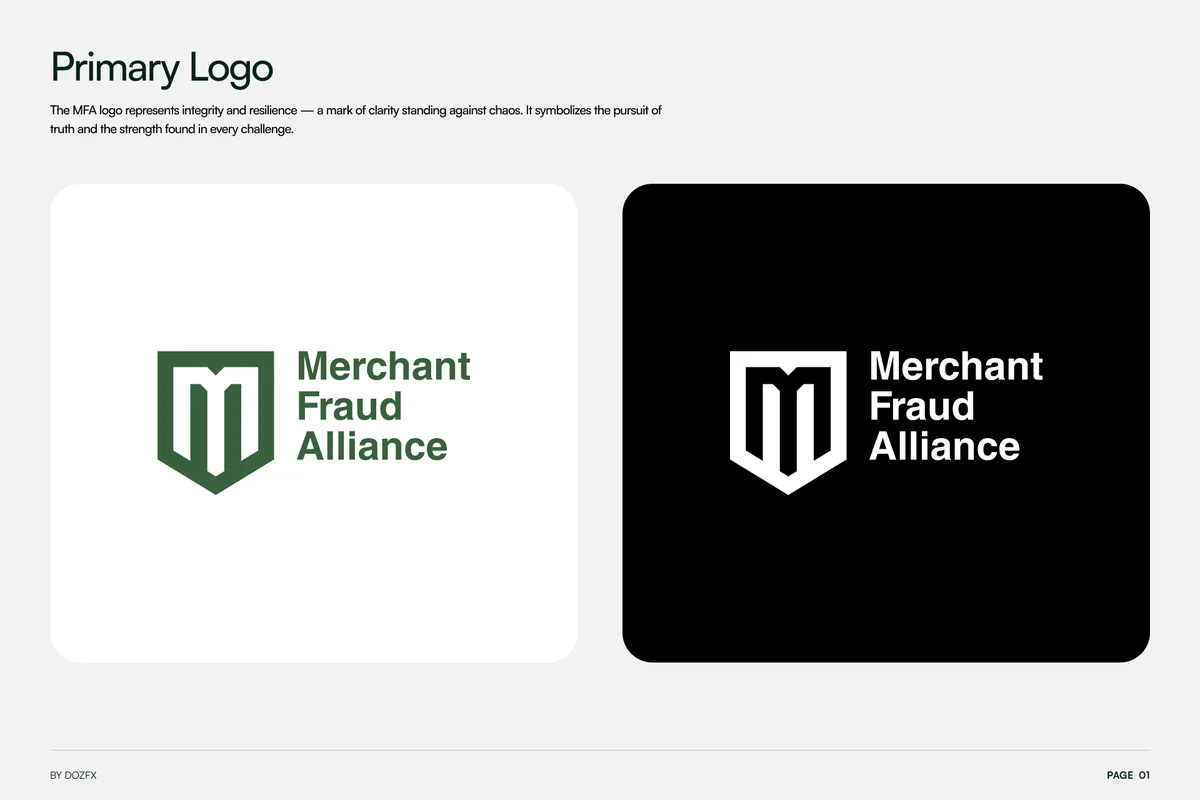 Primary logo: the shield with the M and the wordmark Merchant Fraud Alliance, on white and on black