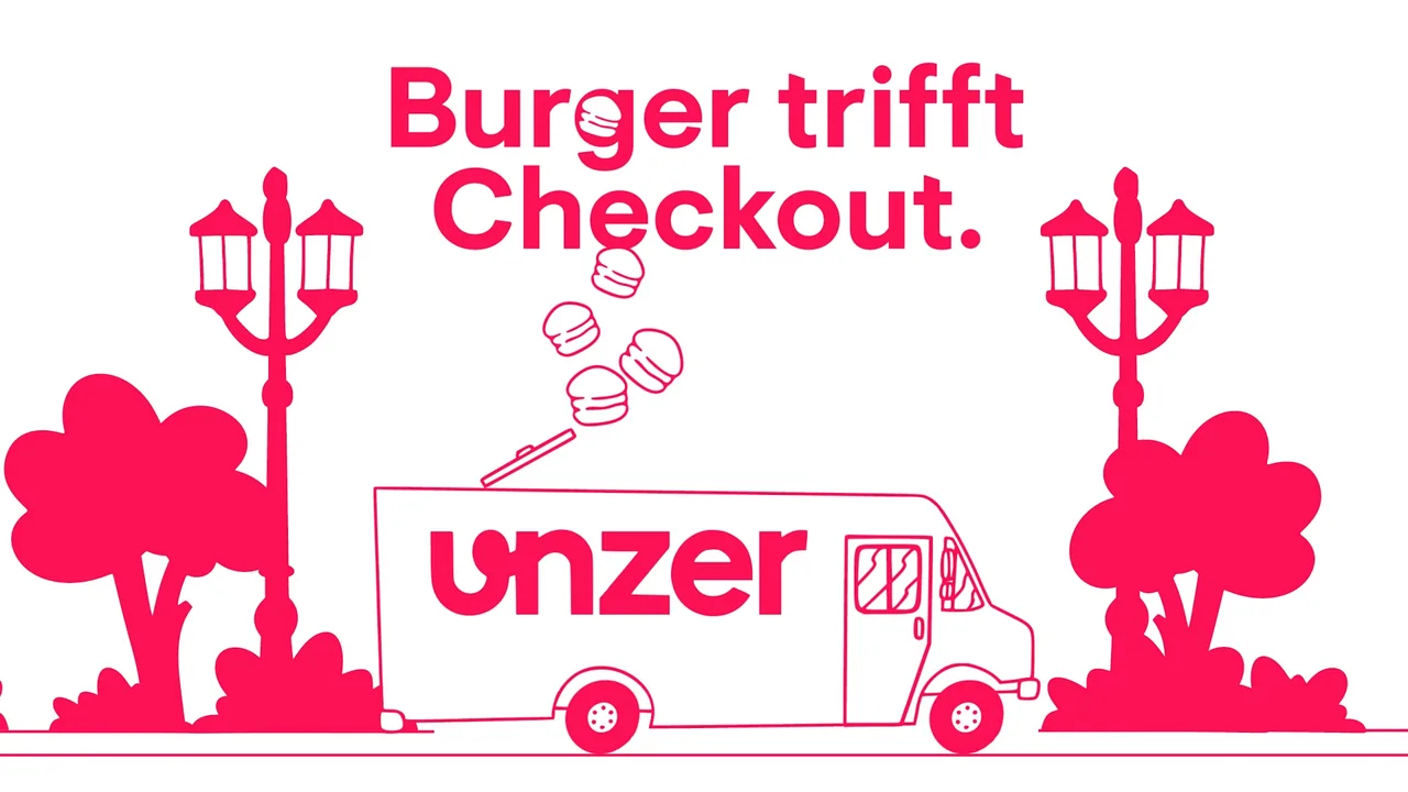 Comic film frame: the Unzer truck in a park under the line “Burger trifft Checkout.”