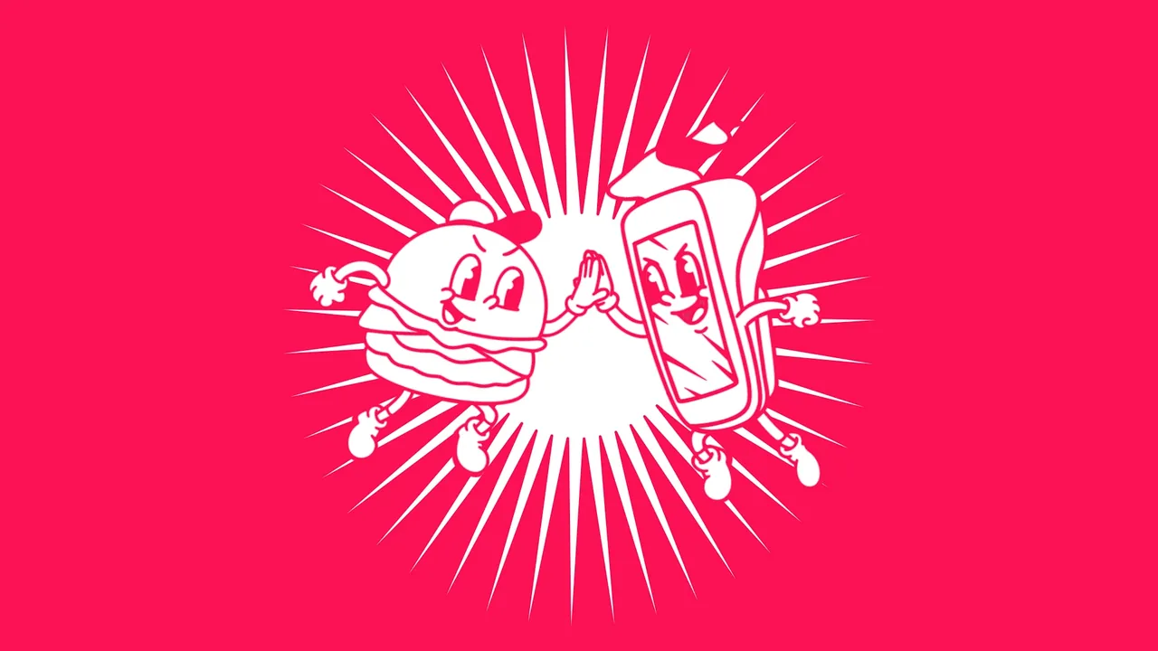 Comic film frame: the burger and the terminal high-five in a burst of light