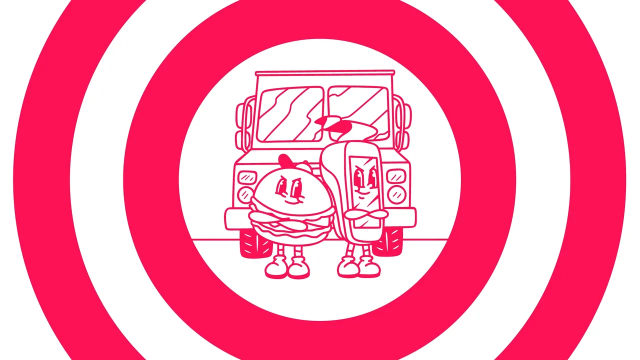 Comic film frame: the two mascots in front of the truck inside red circles