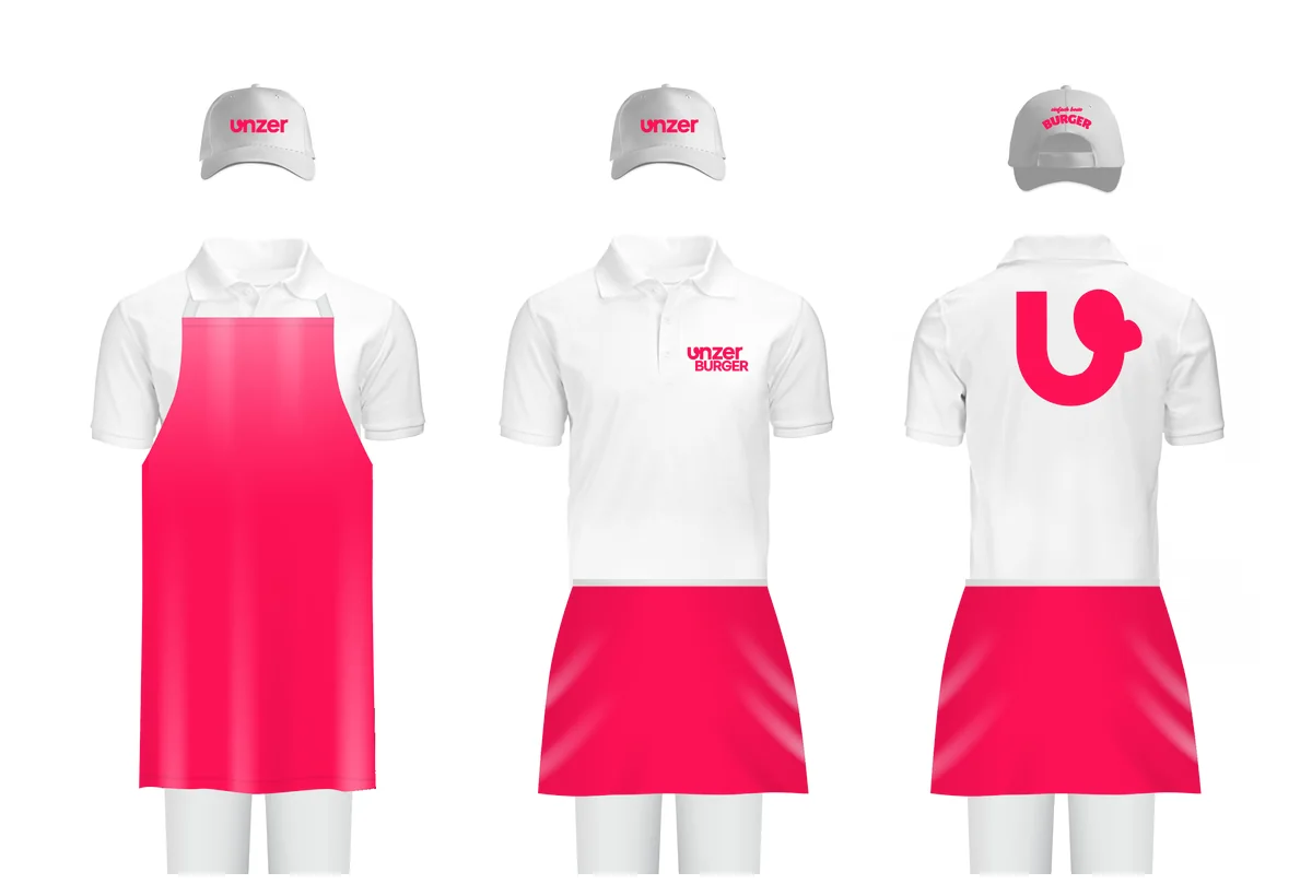Crew wear: white caps and shirts with Berry Red aprons and skirts and the U on the back