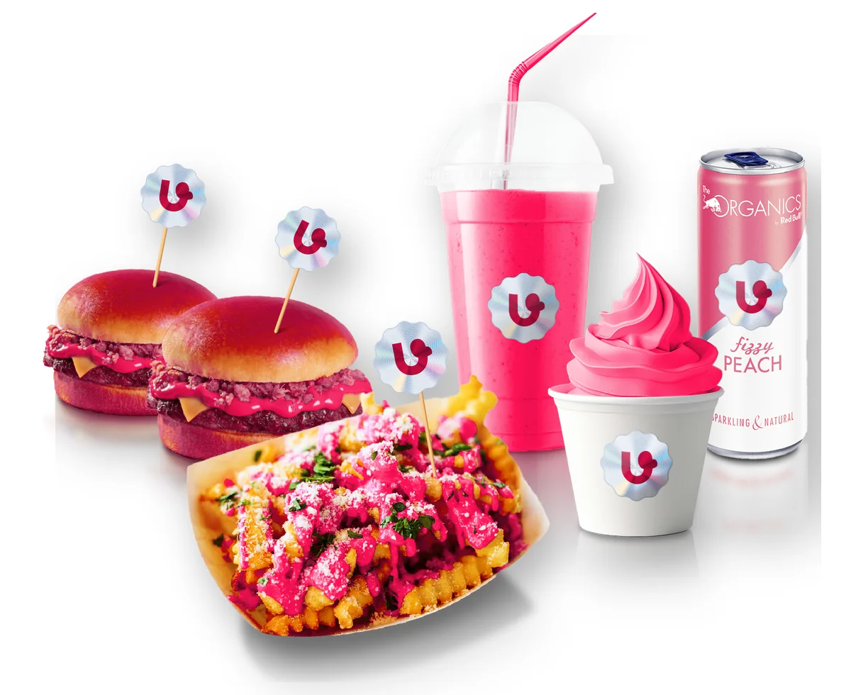 Berry Red burgers, fries, a shake and a sundae with U flags