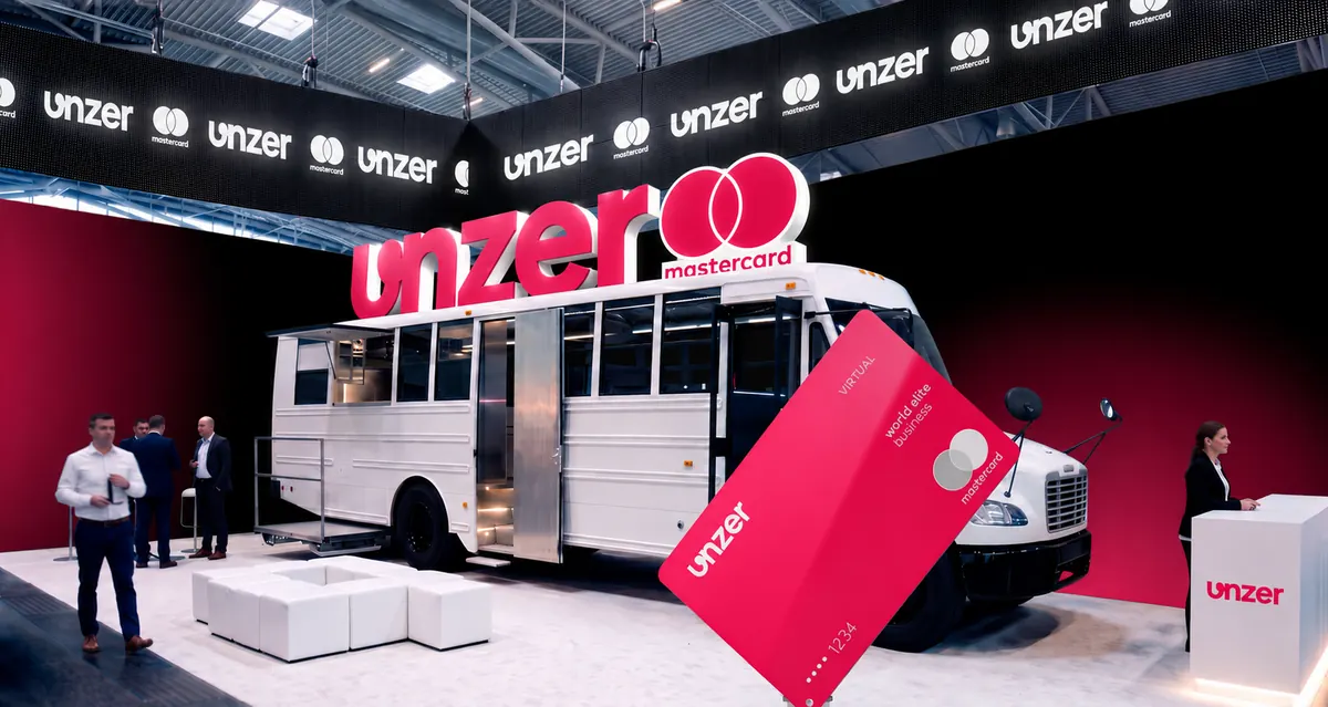 Concept: a converted school bus in Berry Red as the experience hub on the stand