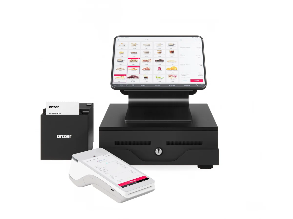 Unzer POS at the counter: a till with screen, receipt printer, cash drawer and a card terminal