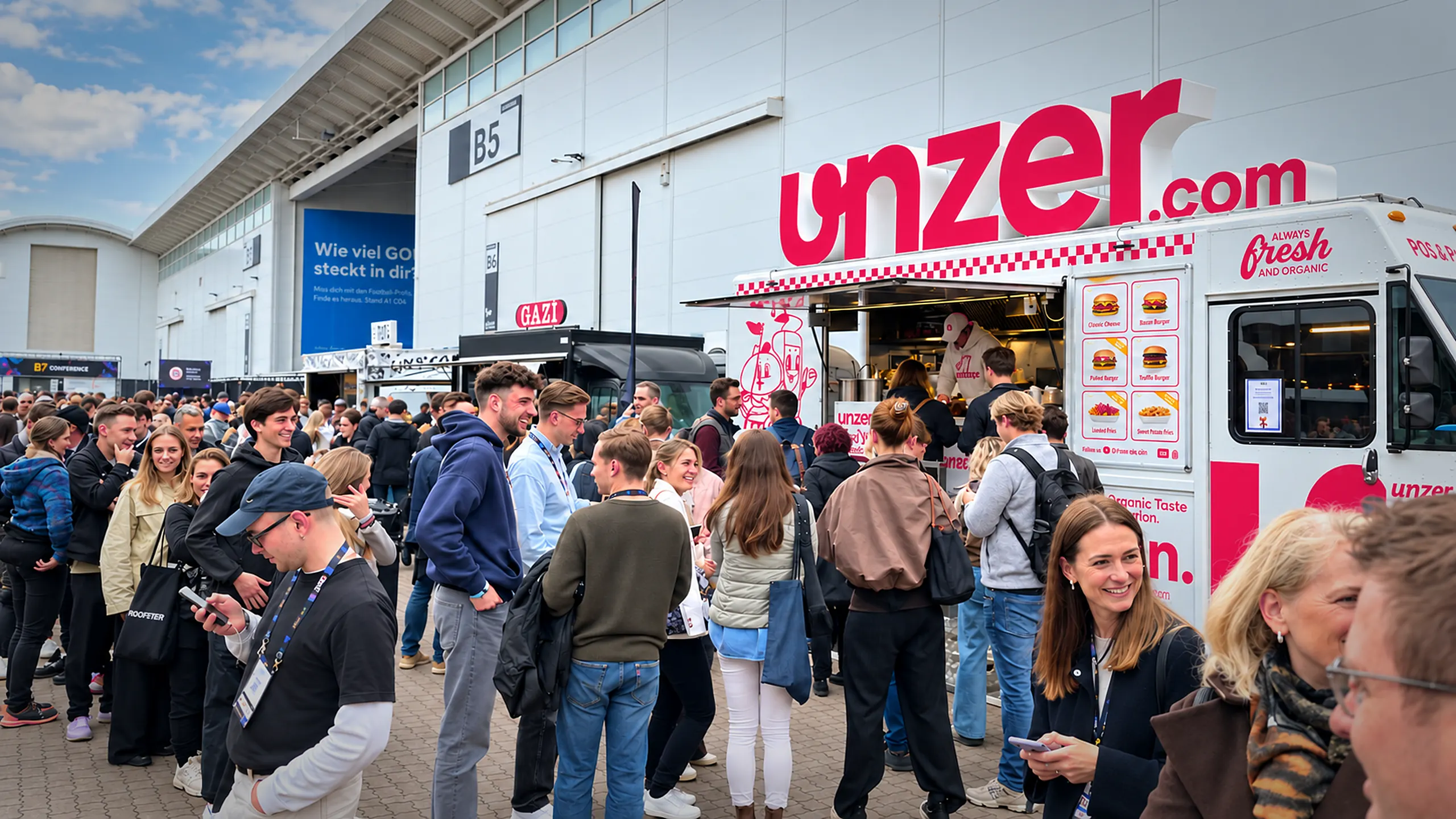 A long queue in front of the Unzer food truck at the hall entrance of the OMR Festival in Hamburg
