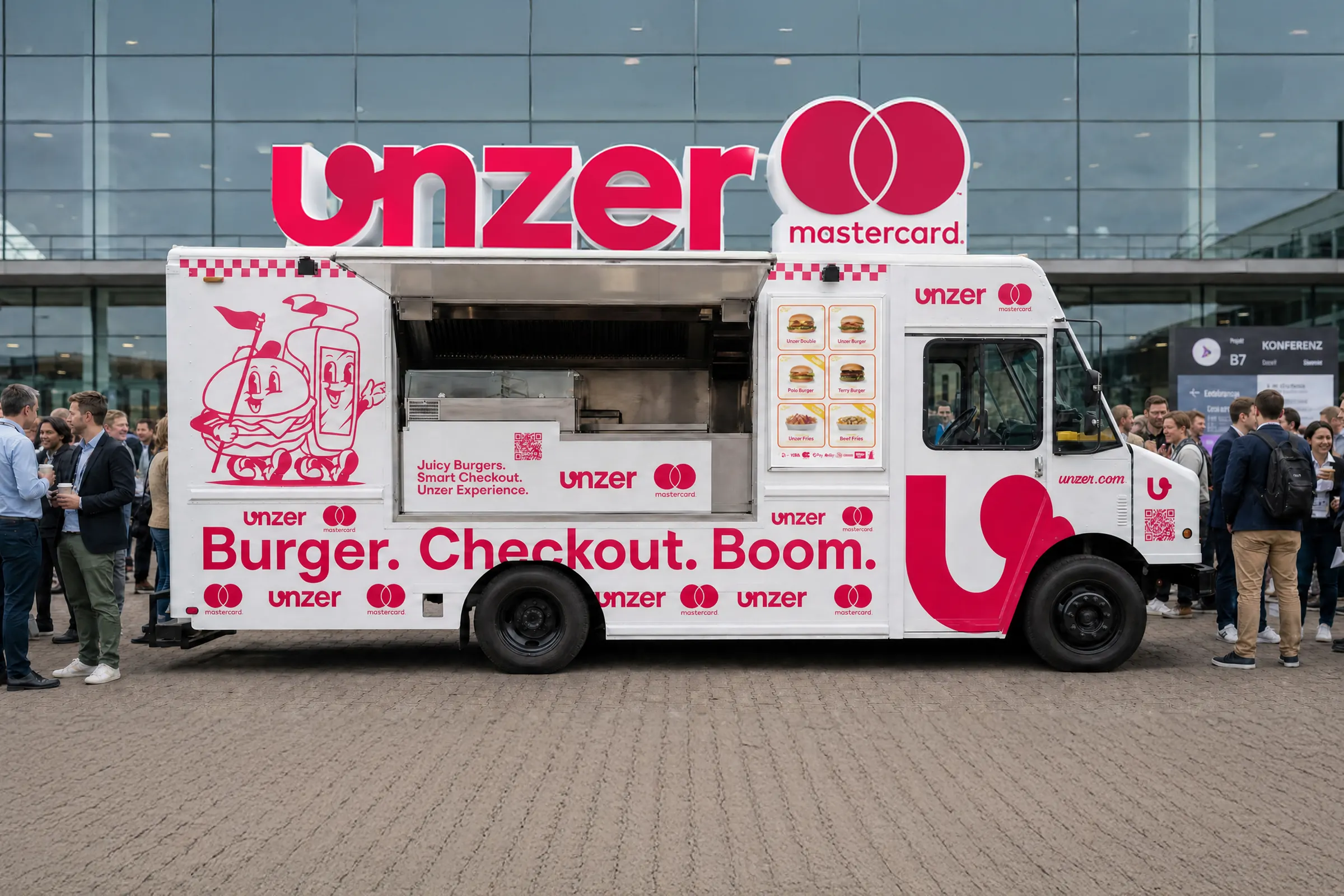 Concept for OMR 2027: the Unzer food truck with Mastercard at the hall entrance, guests in front of it