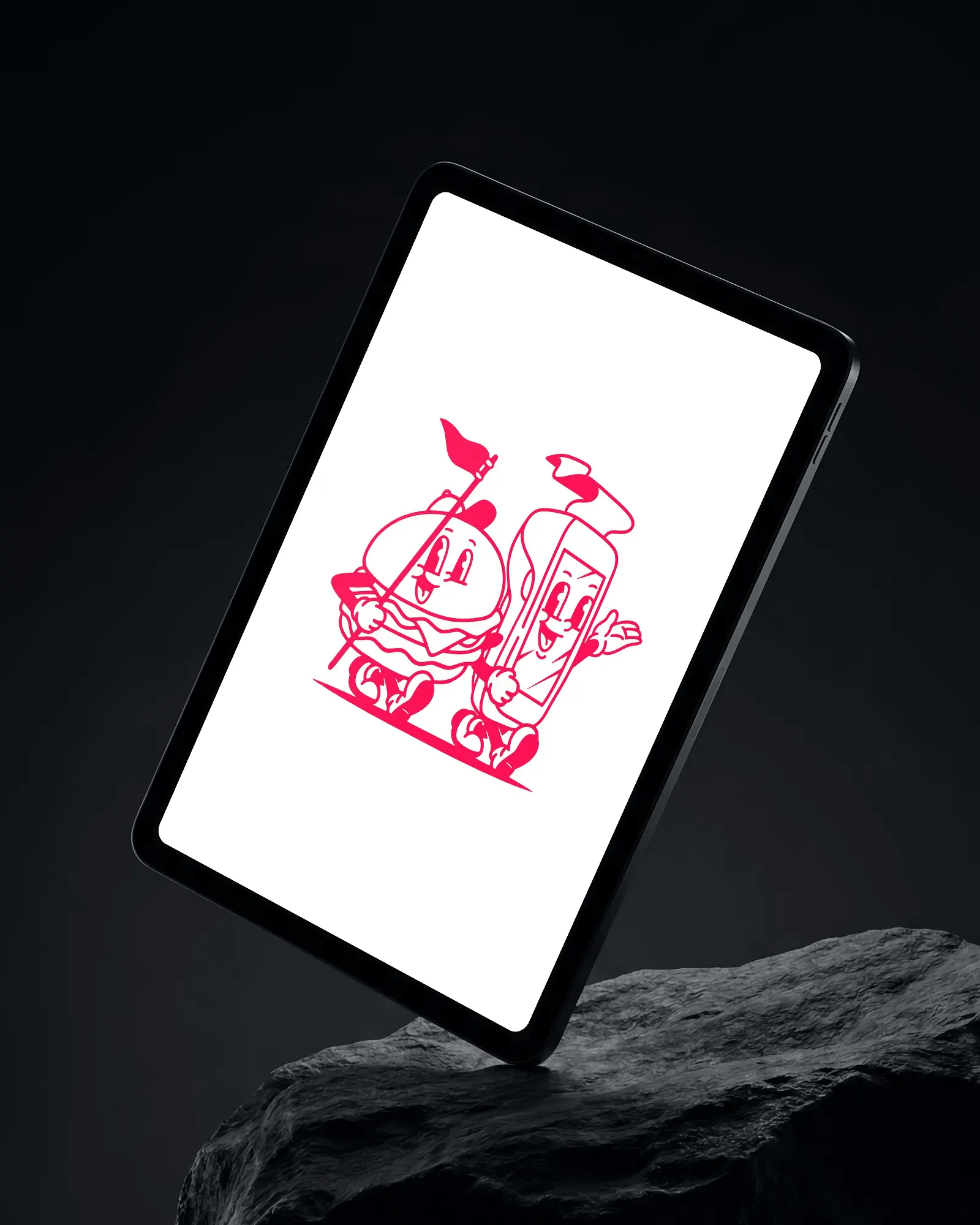 Tablet on a rock showing the two mascots, a burger and a payment terminal, in red line art