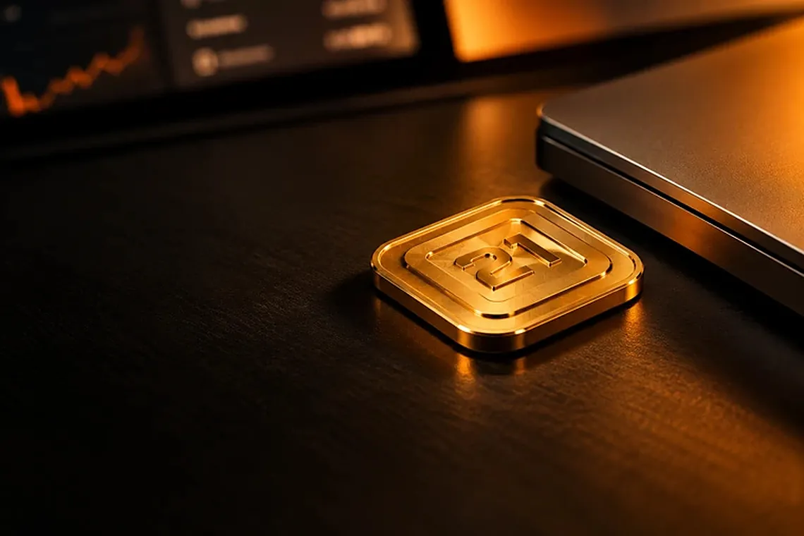A gold Value Block on a dark desk next to a laptop