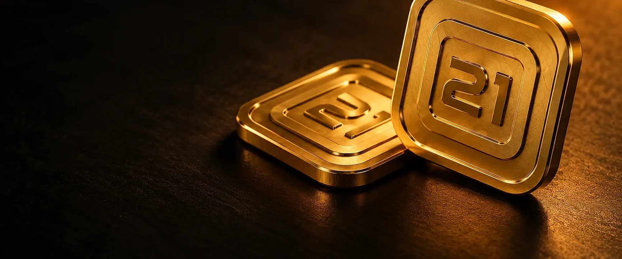 Two gold Value Blocks with the 21 in relief on a dark surface in warm light