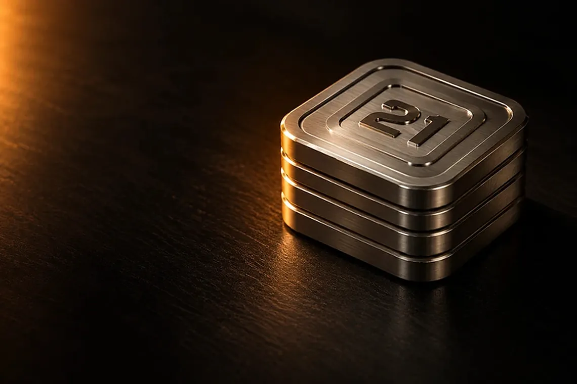 A stack of brushed steel Value Blocks in warm light