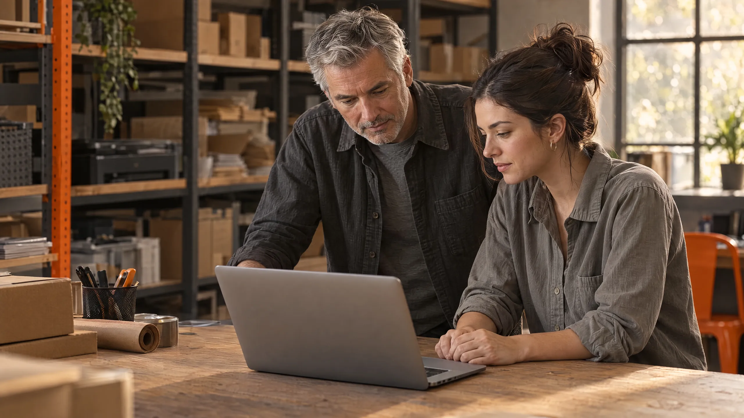 A shop owner and a colleague at a packing bench in a stockroom with orange shelves, looking at a laptop together