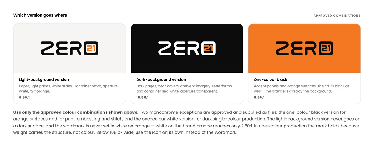 The wordmark on light, dark and orange backgrounds
