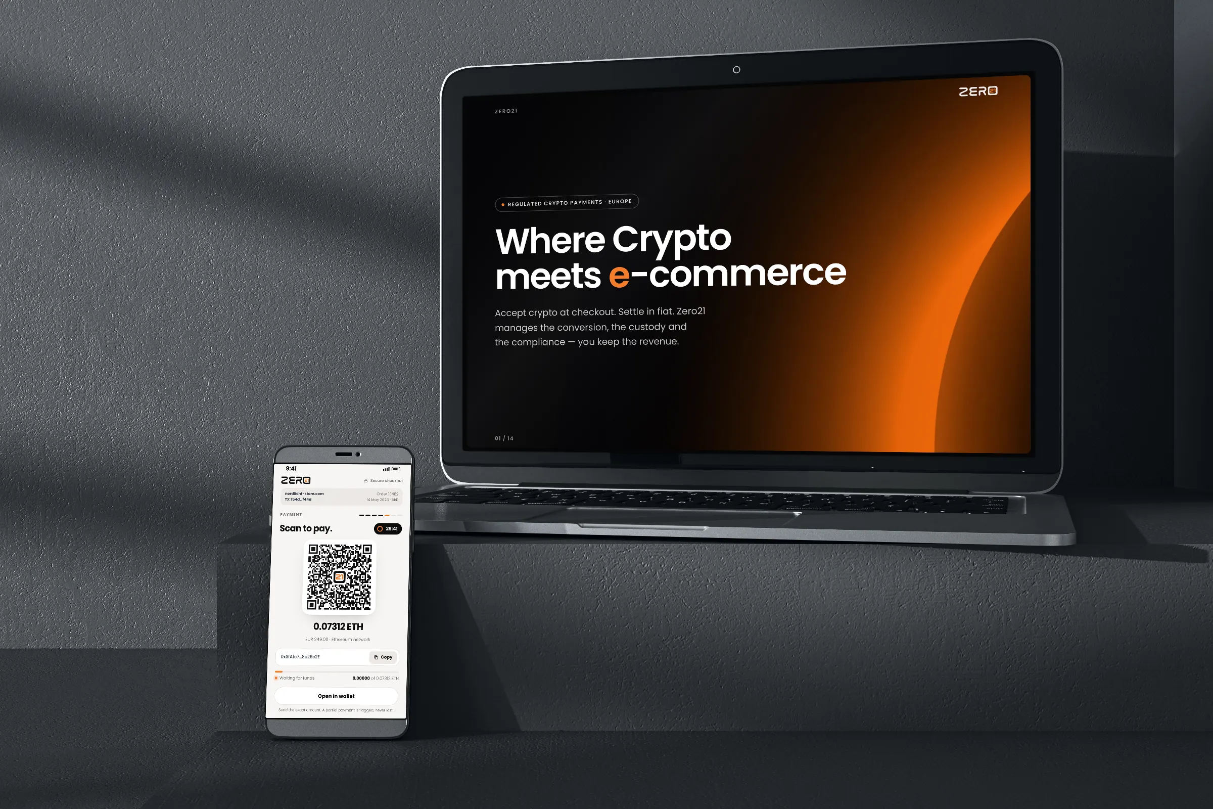 Laptop and phone on a concrete step: the sales deck cover “Where Crypto meets e-commerce” and the QR payment screen
