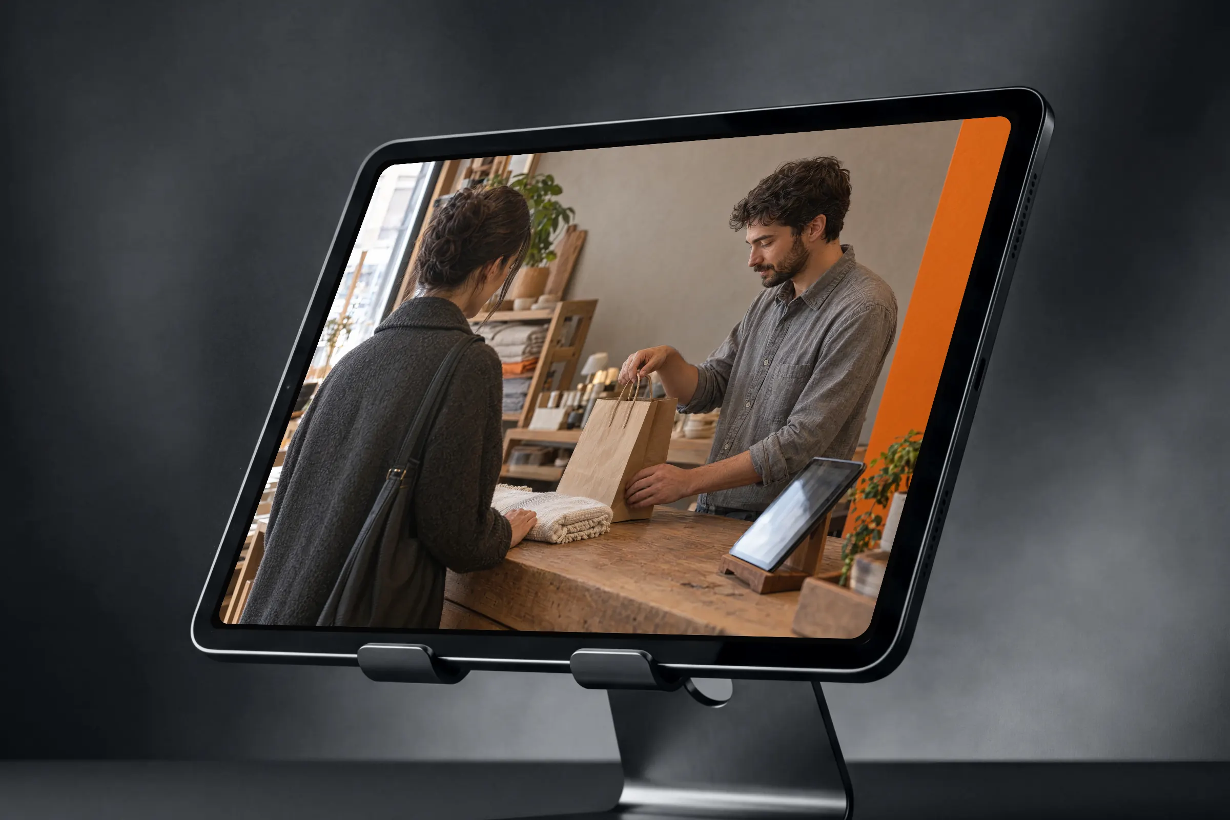 Tablet on a stand showing a frame of the visual world: a counter sale in a small shop, a tablet register on the counter