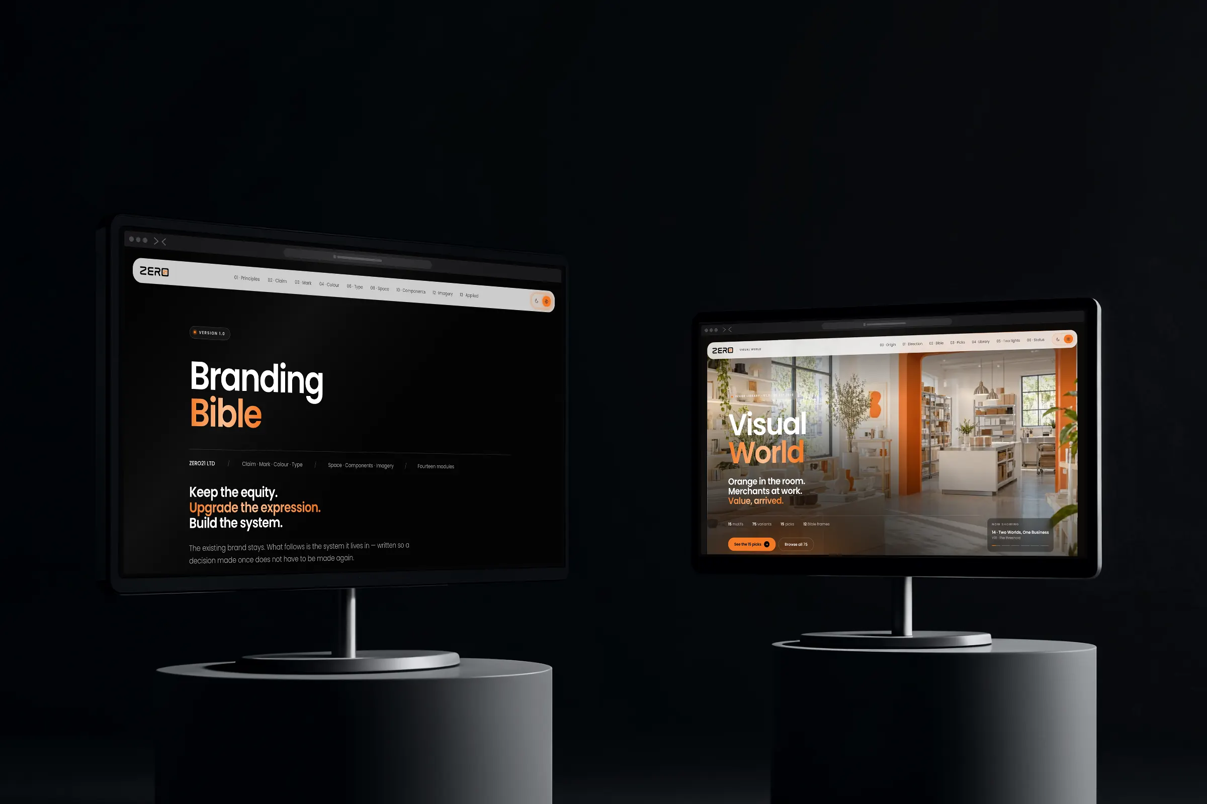Two monitors on plinths showing the Branding Bible and the Visual World