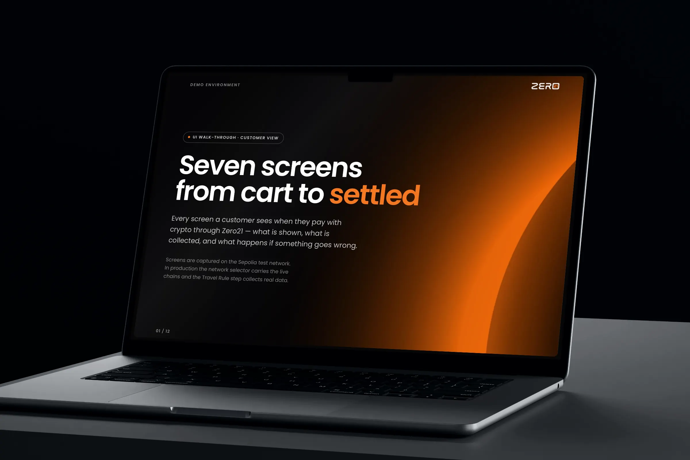 Laptop on a dark desk showing the demo deck cover “Seven screens from cart to settled”