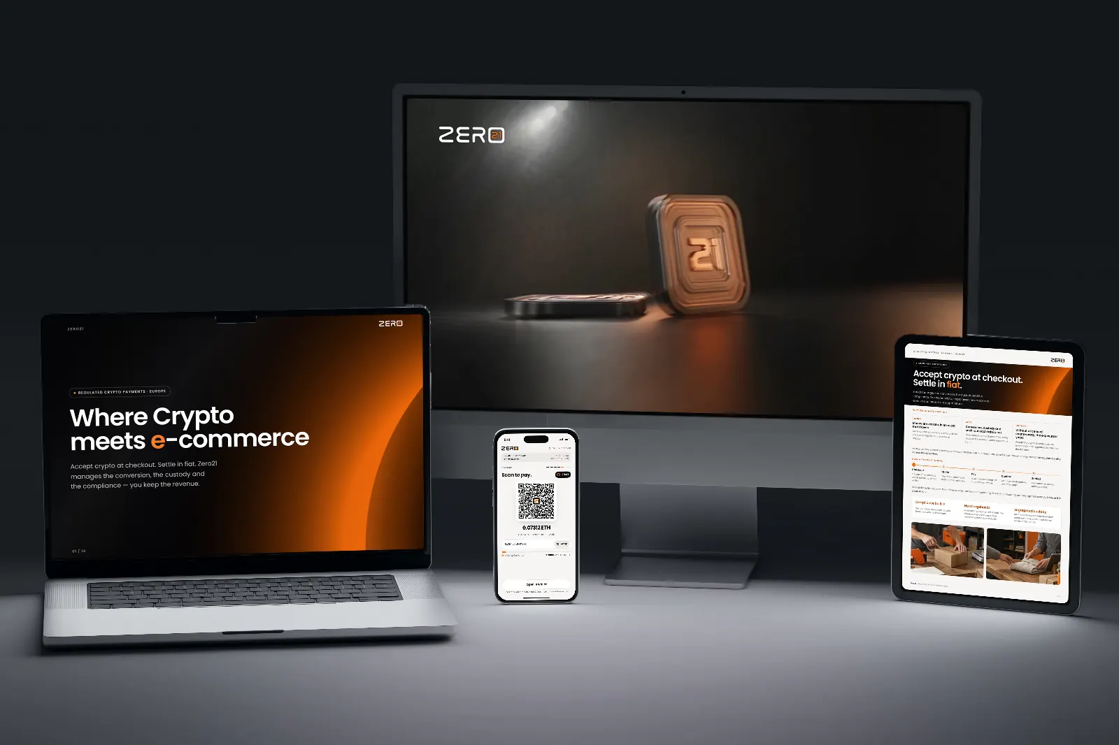 Desktop, laptop, tablet and phone: the Value Block loop on the desktop, the sales deck cover, the one-pager and the QR payment screen