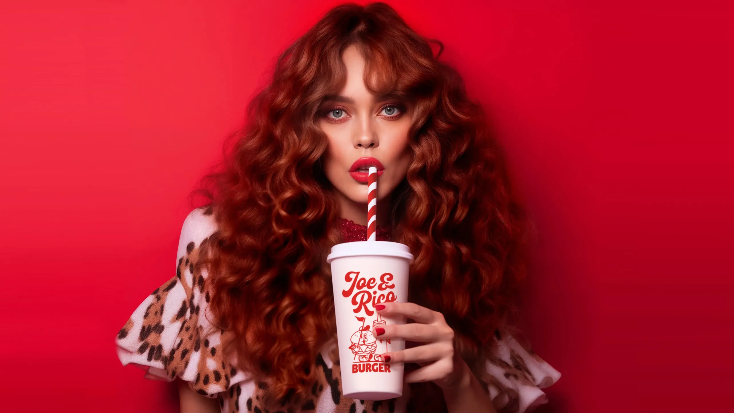 Portrait of a woman with red curls holding a branded drink