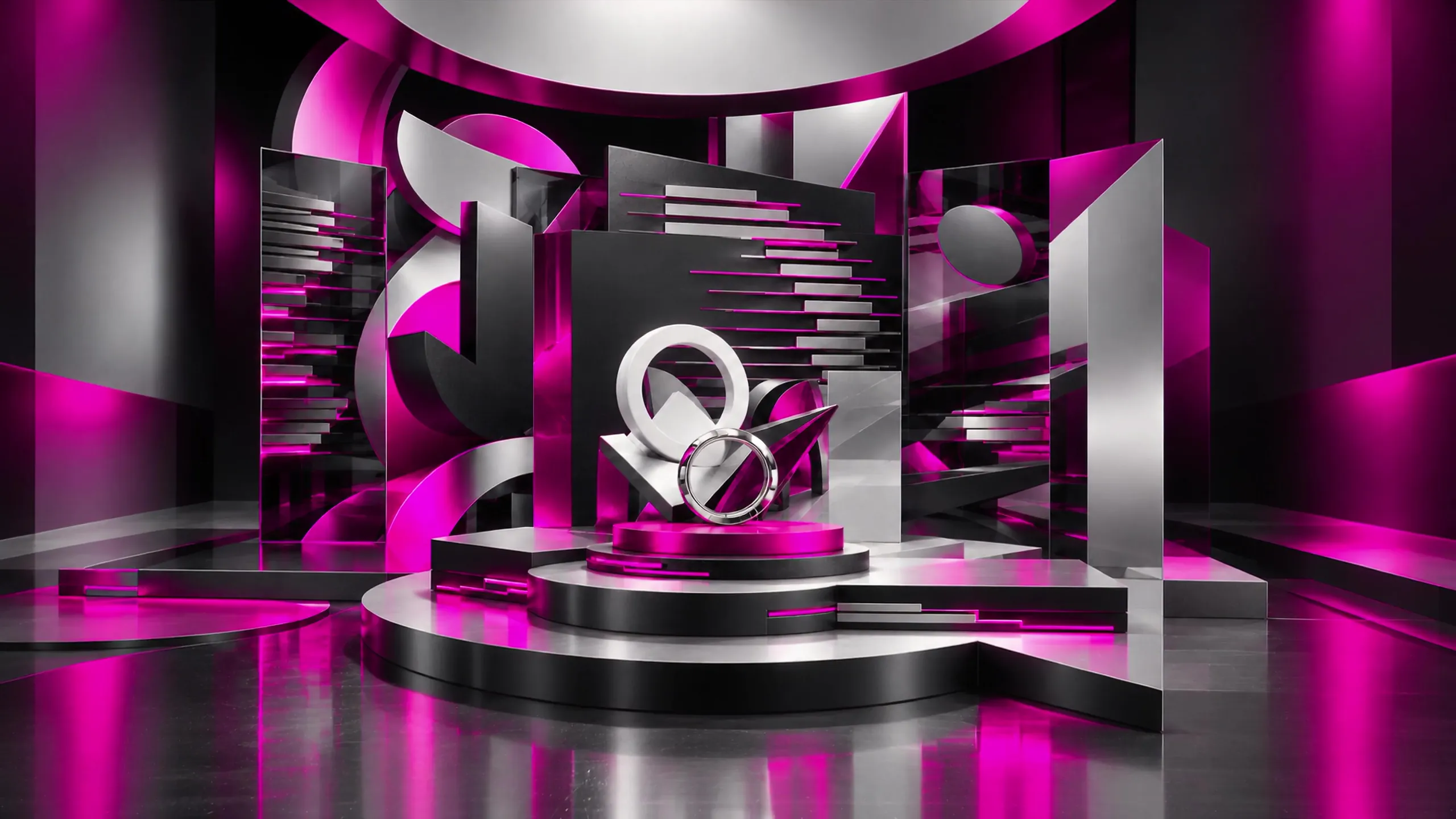 A stage of chrome, black and magenta: a white ring and a polished steel ring on a magenta plinth between layered panels