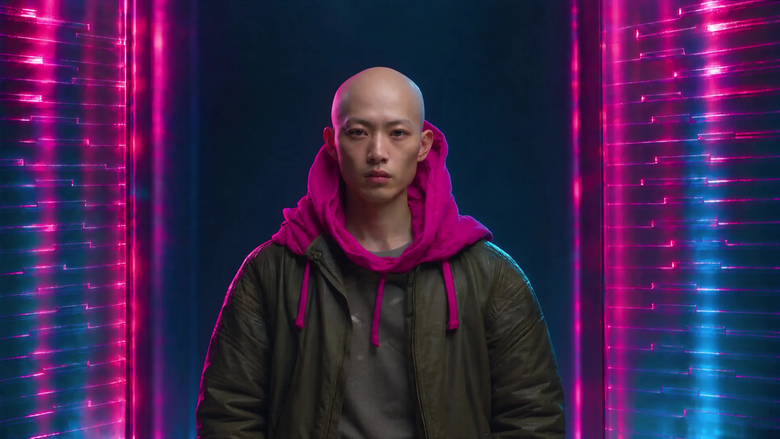 Portrait of a man with a shaved head in a magenta hoodie and an olive jacket in front of glowing glass panels