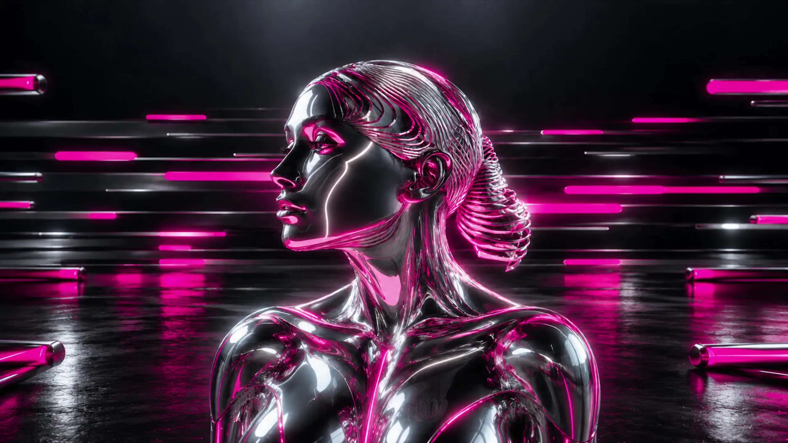 A chrome female head with ribbon-like metal hair tied in a bun, in a black space with magenta light rails