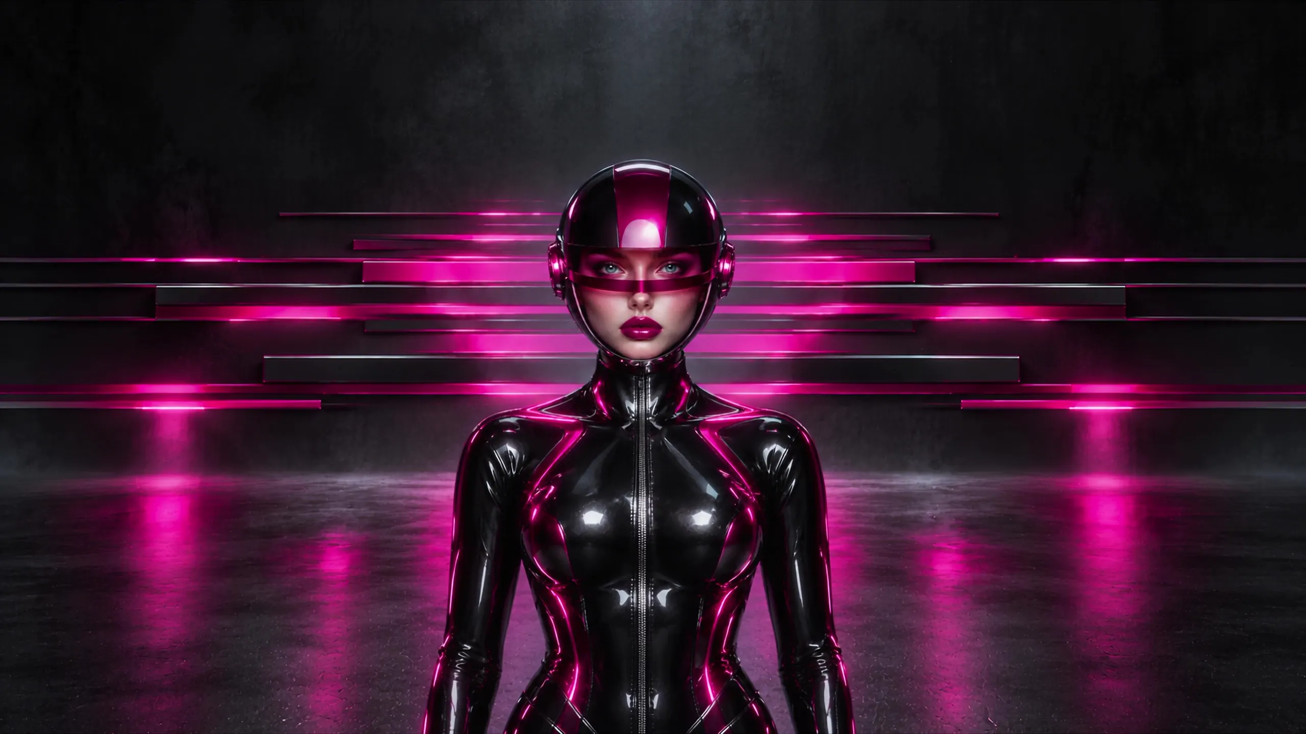 A woman in a glossy black suit and a helmet with a magenta visor, in front of glowing magenta bars